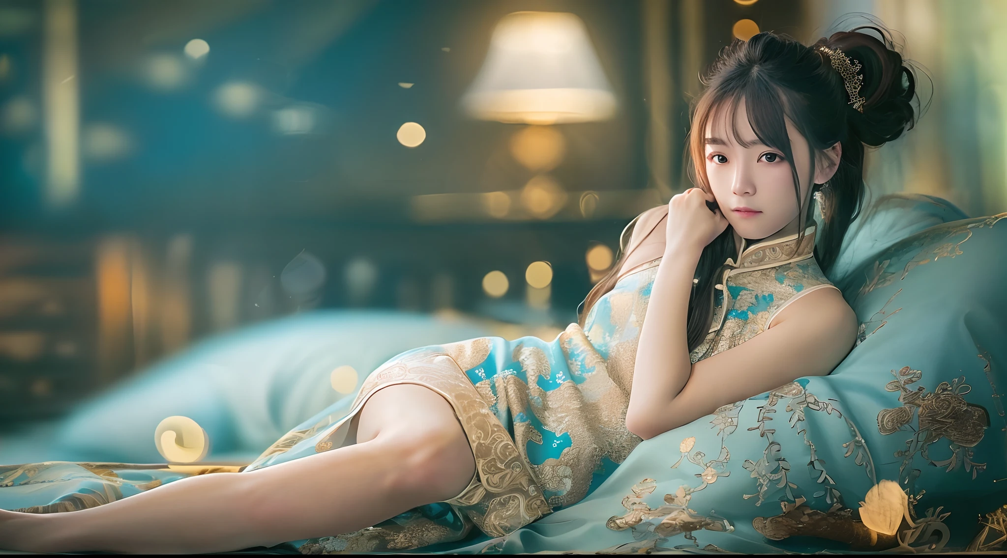 (Best quality, Ultra-detailed, Realistic:1.37), hdr, Vivid colors, Bokeh, 1 girl, Goddess, Lace cheongsam, Lie down in bed, captivatinggaze