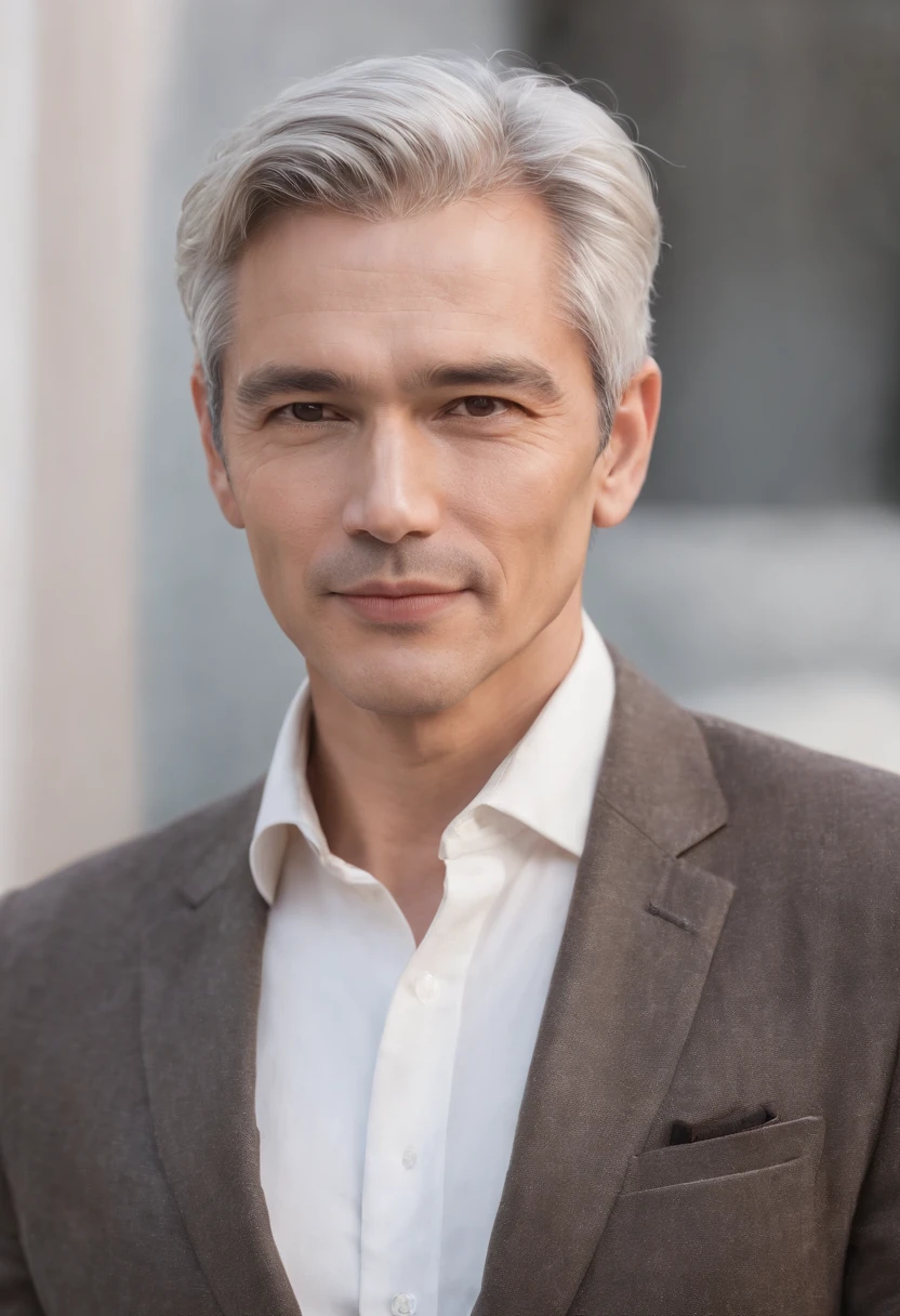 Portrait of handsome man 50 years old round face cinematic appearance、Silver hair、Brown jacket、White button-down shirt、kindly smile、Photography, Male perfection, Black eyes, Hyper realistic, 8K - V 4、50-year-old dandy gentleman、Gentle eyes、Gray hair、Looking straight ahead at the camera、Gentle expression