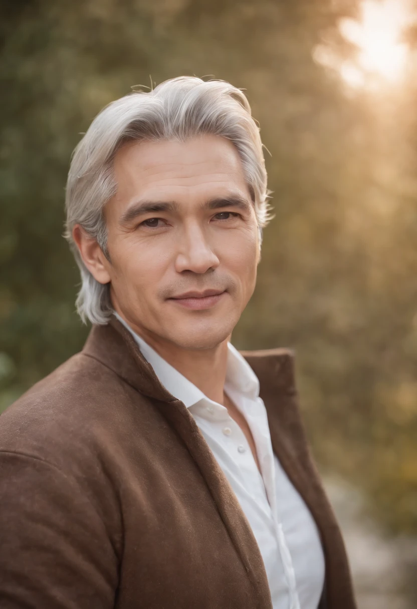 Portrait of handsome man 50 years old round face cinematic appearance、Silver hair、Brown jacket、White button-down shirt、kindly smile、Photography, Male perfection,  Black eyes, Hyper realistic, 8K - V 4、50-year-old dandy gentleman、Gentle eyes、Gray hair、Looking straight ahead at the camera、Gentle expression