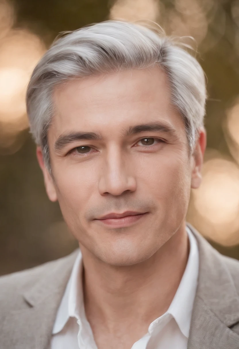 Portrait of handsome man 50 years old round face cinematic appearance、Silver hair、Brown jacket、White button-down shirt、kindly smile、Photography, Male perfection,  Black eyes, Hyper realistic, 8K - V 4、50-year-old dandy gentleman、Gentle eyes、Gray hair、Looking straight ahead at the camera、Gentle expression