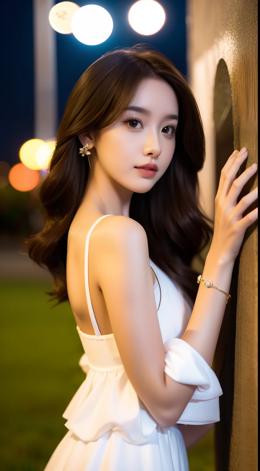 1girll, Blurry, Blurry_Background, brown_Eyes, brown_Hair, Depth_af_Field, Earrings, flower, full_Moon, Hair_flower, Hair_decorations, Lips, Looking_at_peeping at the viewer, Moon, Moonlight, Night, Night_sky, Outdoors, Advancedsense