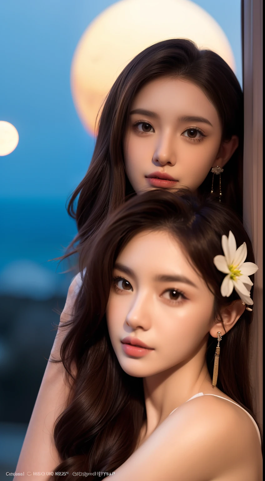 1girll, Blurry, Blurry_Background, brown_Eyes, brown_Hair, Depth_af_Field, Earrings, flower, full_Moon, Hair_flower, Hair_decorations, Lips, Looking_at_peeping at the viewer, Moon, Moonlight, Night, Night_sky, Outdoors, Advancedsense