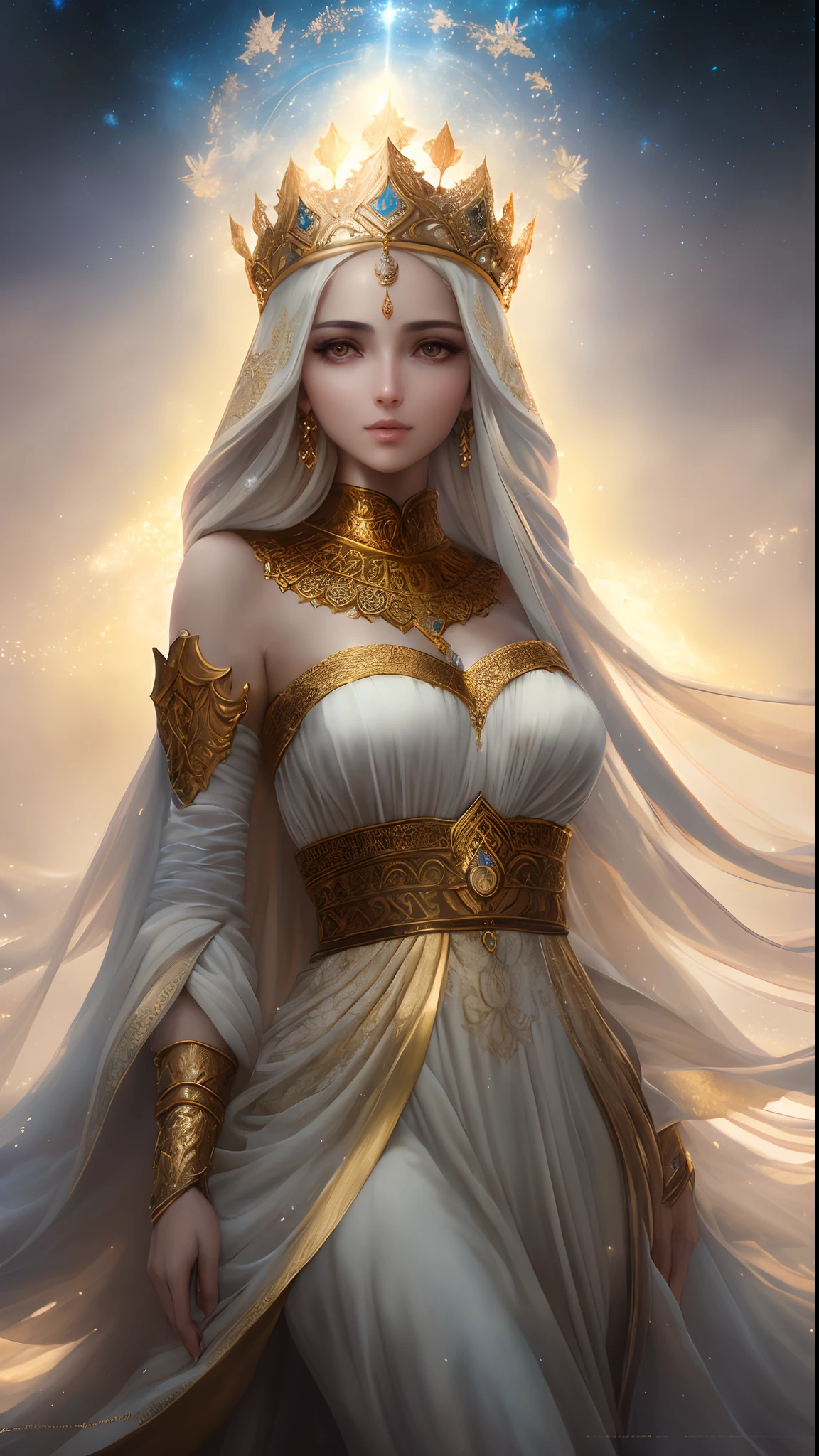 Soft and dreamy 8mm lens portrait of an Arabic dev brama of a universe adorned with a natural crown of gold and leaves and masses, ethereal dress. Soft snow sky. Using 8K High Definition. Art styles Greg Rutkowski , Android Jones , Tamsyn. Intricate dynamic lighting, elegant and highly detailed ultra-realistic, cinematic and octane rendering