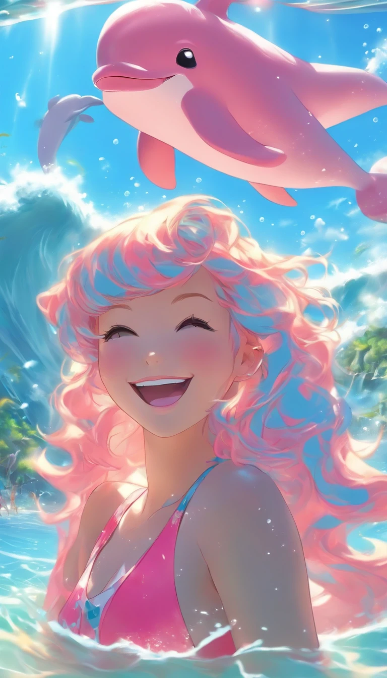 A beautiful girl in cute swimsuit rides a pink dolphin,Japanese manga style,In Bali,The sea is sparkling,coconut palms,Early summer morning,Cool,Girls have fair skin,Beautiful eyes,Smile happily,Long seaweed-like hair flutters in the air,Pink dolphins are cute,Japanese healing system