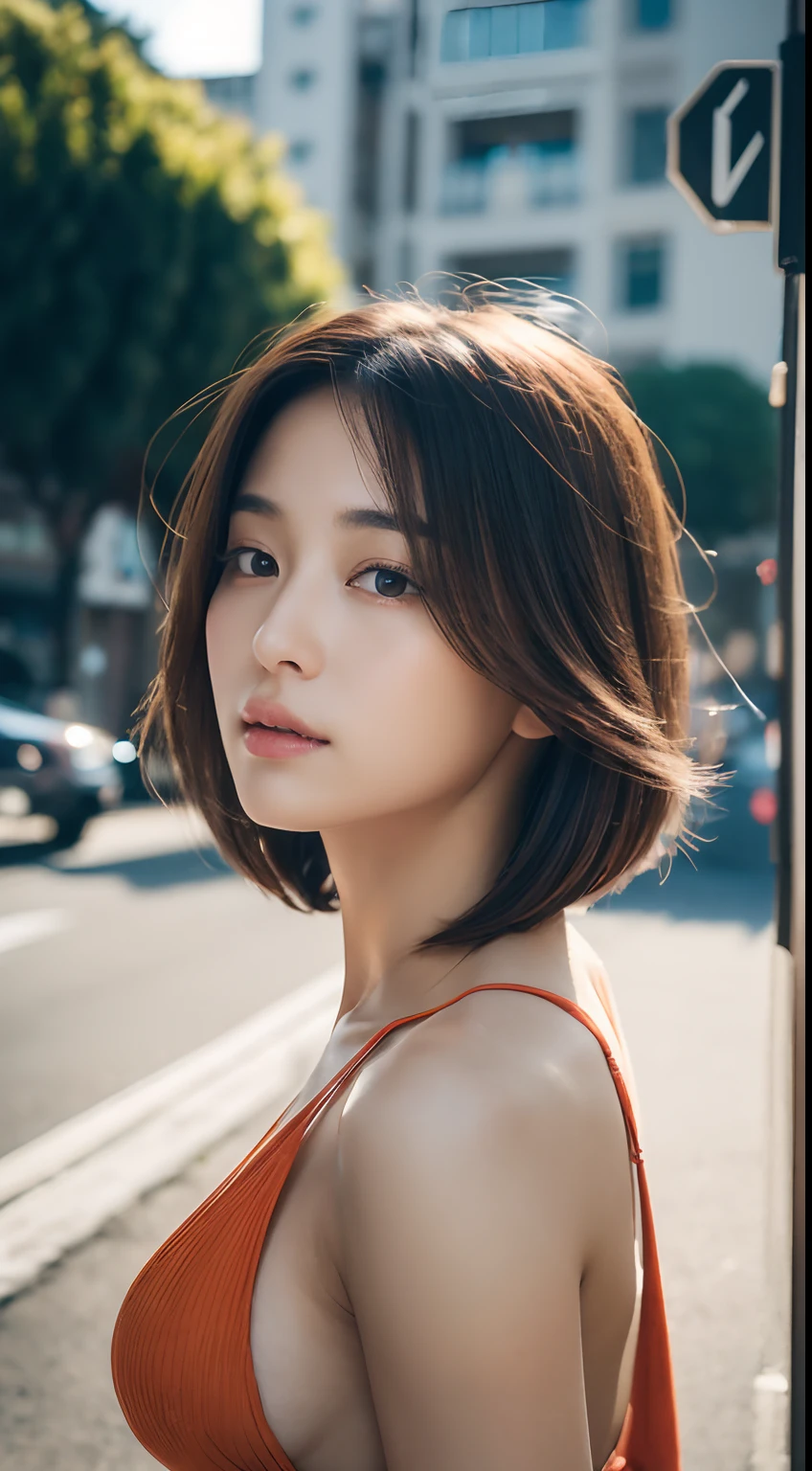 (Masterpiece:1.3), (8K, Photorealistic, Raw photography, Best Quality:1.4), ((1girl)), girl looks at her watch while looking at one of the street signs, in the style of light orange and dark crimson, coastal scenery, kei, traditional, Beautiful face, Realistic face, Beautiful bob hairstyle, Realistic eyes, Beautiful, Realistic skin, Beautiful skin, solo, sexy: 1.5, bikini