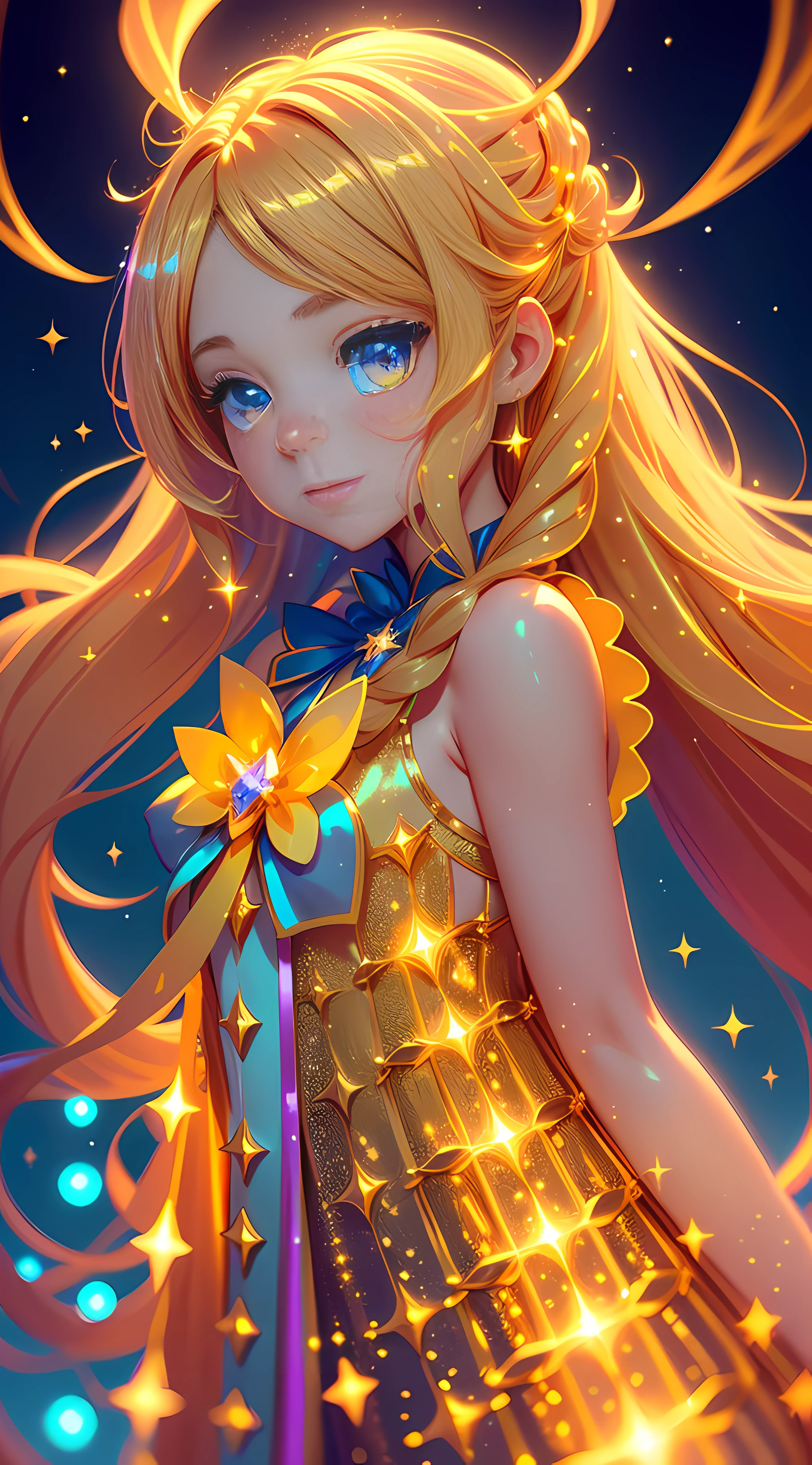 magical girl, golden long hair, sparkle, vibrant, bioluminescence, 8k