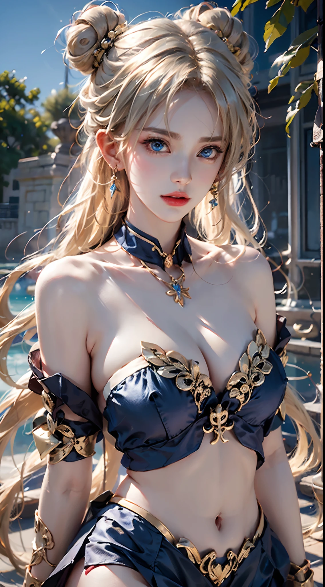 photorealistic, masterpiece, photorealistic, high resolution, soft light,  up, (blue eyes, blonde hair), long hair,  (silk and Ribbon in front:1.3),earrings,filigree,detached sleeves,wide sleeves, (armlet:1.2),jewelry, (cleavage,bare shoulder,strapless,Simple Choker,tube dress,no bra:1.1), ------------------------------- (sky,idle animation,simple background,Leaves and plant in front :1.2), ------------------------------- (meishaonv,blue eyes,tsukino usagi,double bun,sailor collar,crescent,sailor moon:1.2)