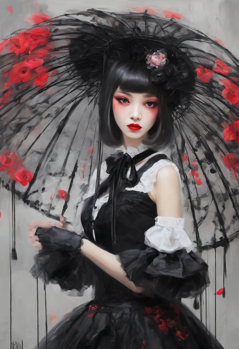 "(Girl in black gothic ta fashion+rot+blanche),Colorful colors、 The upper part of the body、incredible details, Traditional background of Japan, Magnificent illustrations, Perfect picture quality"