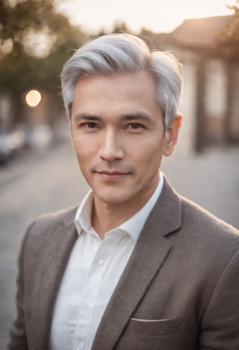 Portrait of handsome man 50 years old round face cinematic appearance、Silver hair、Brown jacket、White button-down shirt、kindly smile、Photography, Male perfection, Black eyes, Hyper realistic, 8K - V 4、50-year-old dandy gentleman、Gentle eyes、Gray hair、
