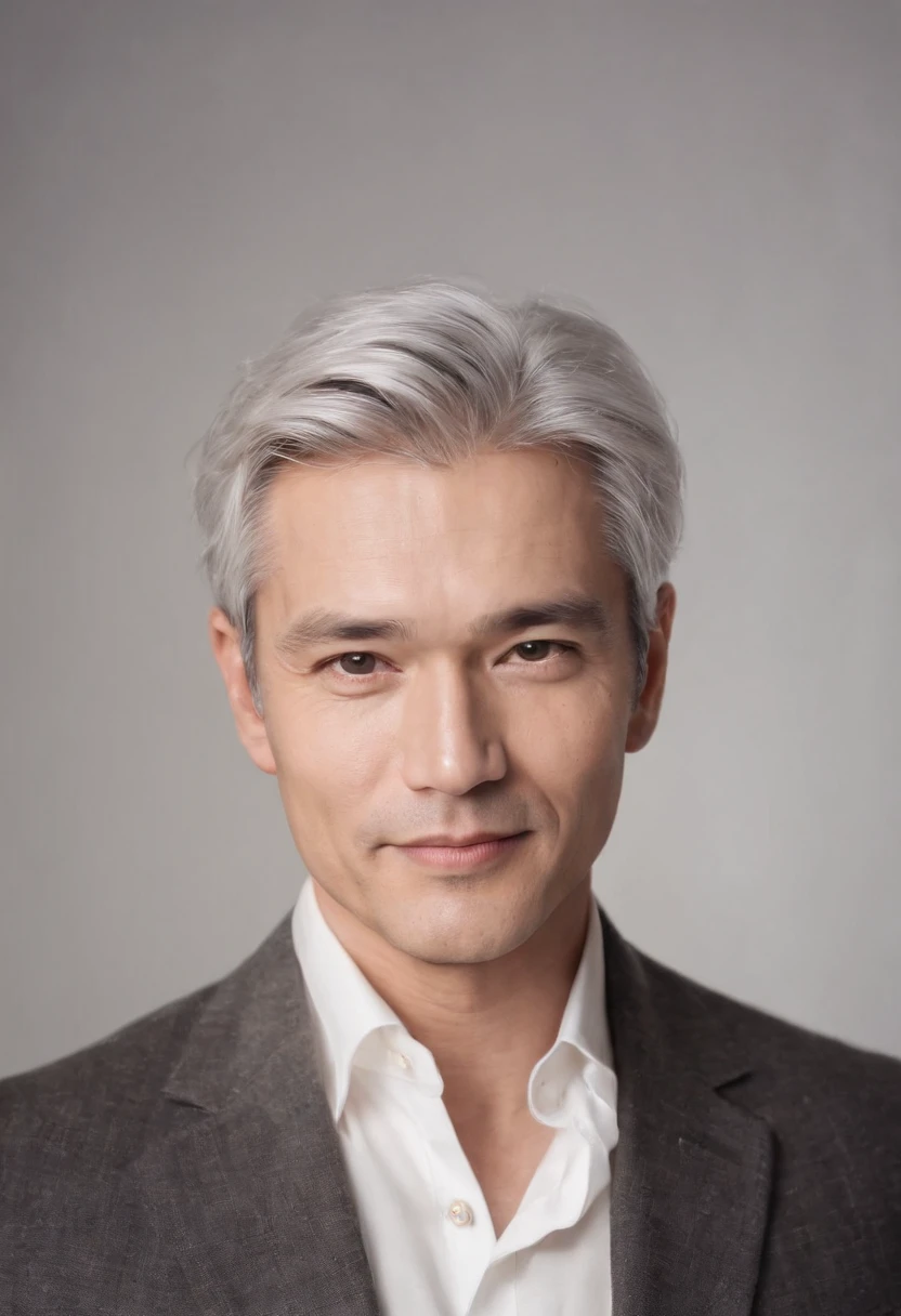 Portrait of handsome man 50 years old round face cinematic appearance、Silver hair、Brown jacket、White button-down shirt、kindly smile、Photography, Male perfection, Black eyes, Hyper realistic, 8K - V 4、50-year-old dandy gentleman、Gentle eyes、Gray hair、