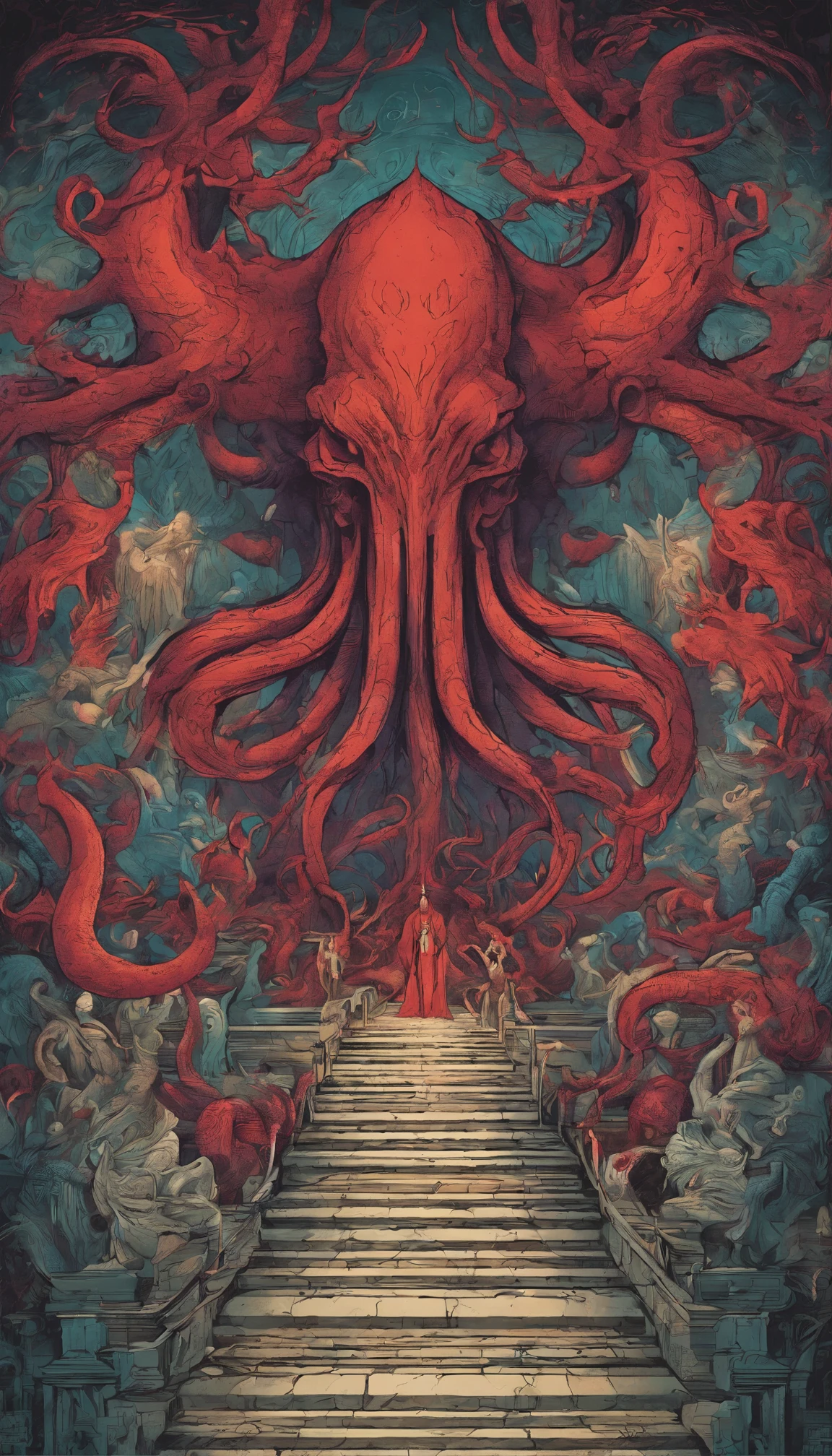 From the depths he emerges,
The Cthulhu's Parade in crimson hues.
Whispers of the otherworldly echo,
A festival where madness and beauty fuse.
In the night sky adorned with abyssal splendor,
Feathers stained with blood dance and soar.
Entwined by threads of fate,
The deranged revel in ecstasy's roar.
Oh mighty Cthulhu, ruler of the depths,
In our pursuit of desires so forlorn,
We embark on a path of madness and despair,
Guided by the disciples of the one we adorn.
On the grand boulevard, grotesque forms stride,
Where terror and beauty intertwine.
In the realm betwixt dreams and nightmares,
We surrender ourselves to euphoria's shrine.
Praise his name, the great Cthulhu,
Monarch of the abyss, the wellspring of our insanity.
In this eternal procession's stage,
We celebrate the coming of the world's calamity.