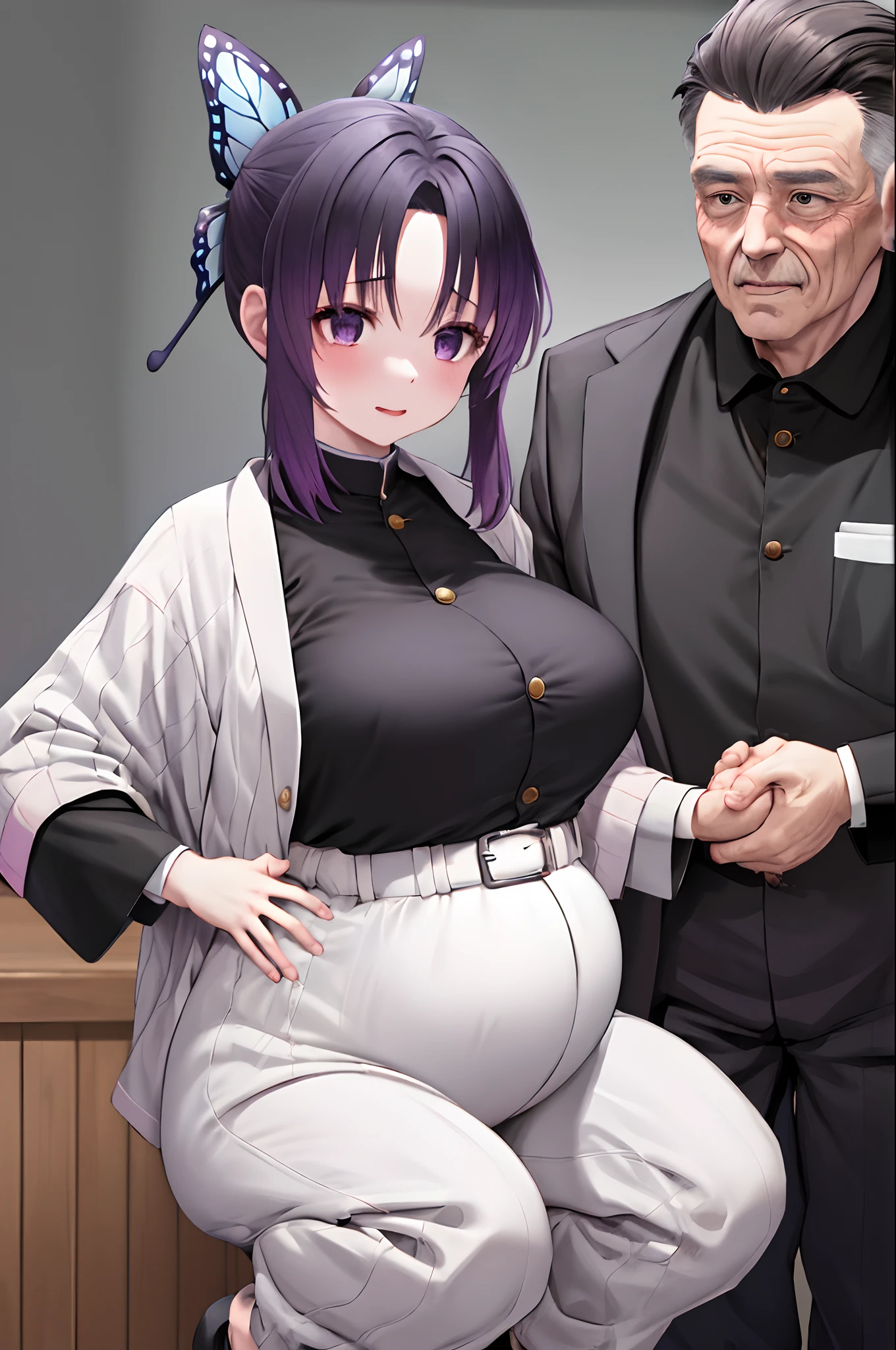 1 girl with old man, parted bangs, black pants, black jacket, long sleeves, belt, cowboy shot, purple hair, butterfly hair ornament, pregnant, squat, old man abuse girl, 1 girl, 1 old man, 1 girl hand in hand with 1 old man, black old man, ugly bastard old man
