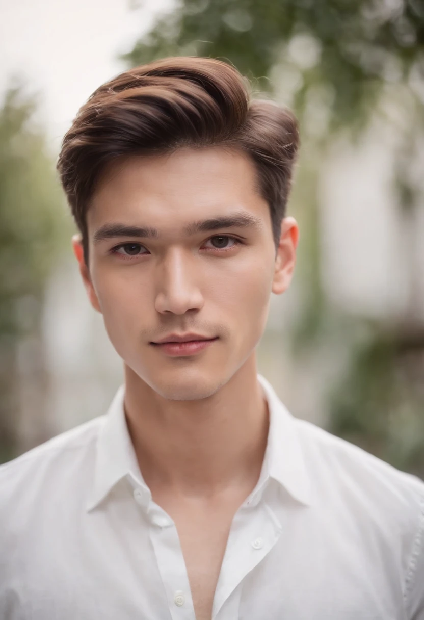 Portrait of handsome man 20 years old round face cinematic appearance、White shirt 、Looking straight ahead at the camera and mic