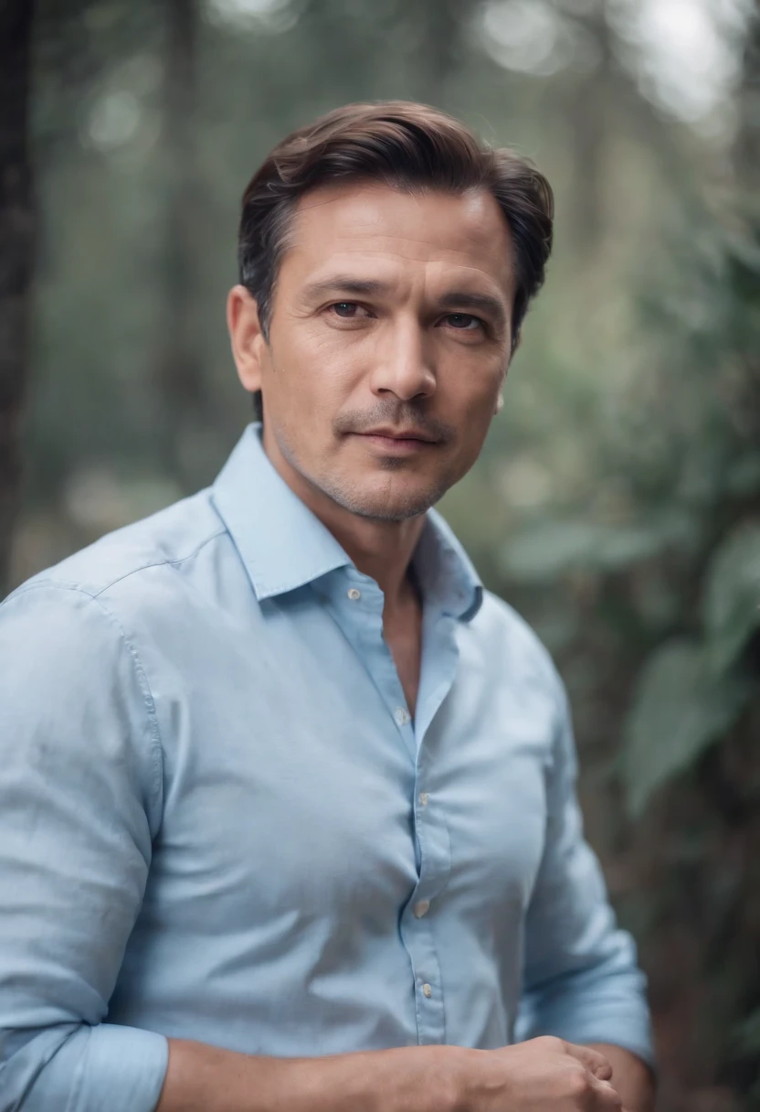 Portrait of handsome man 50 years old round face cinematic appearance、Light blue shirt with collar