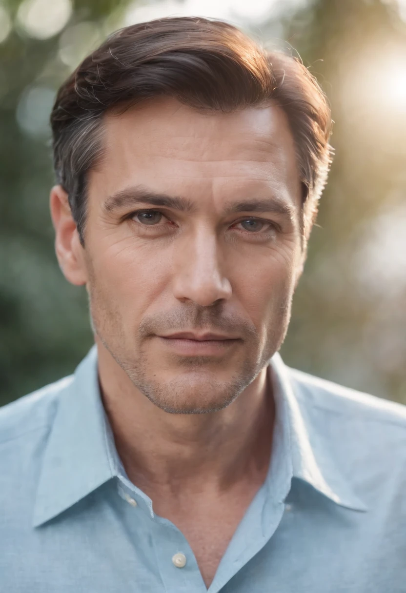 Portrait of handsome man 50 years old round face cinematic appearance、Light blue shirt with collar