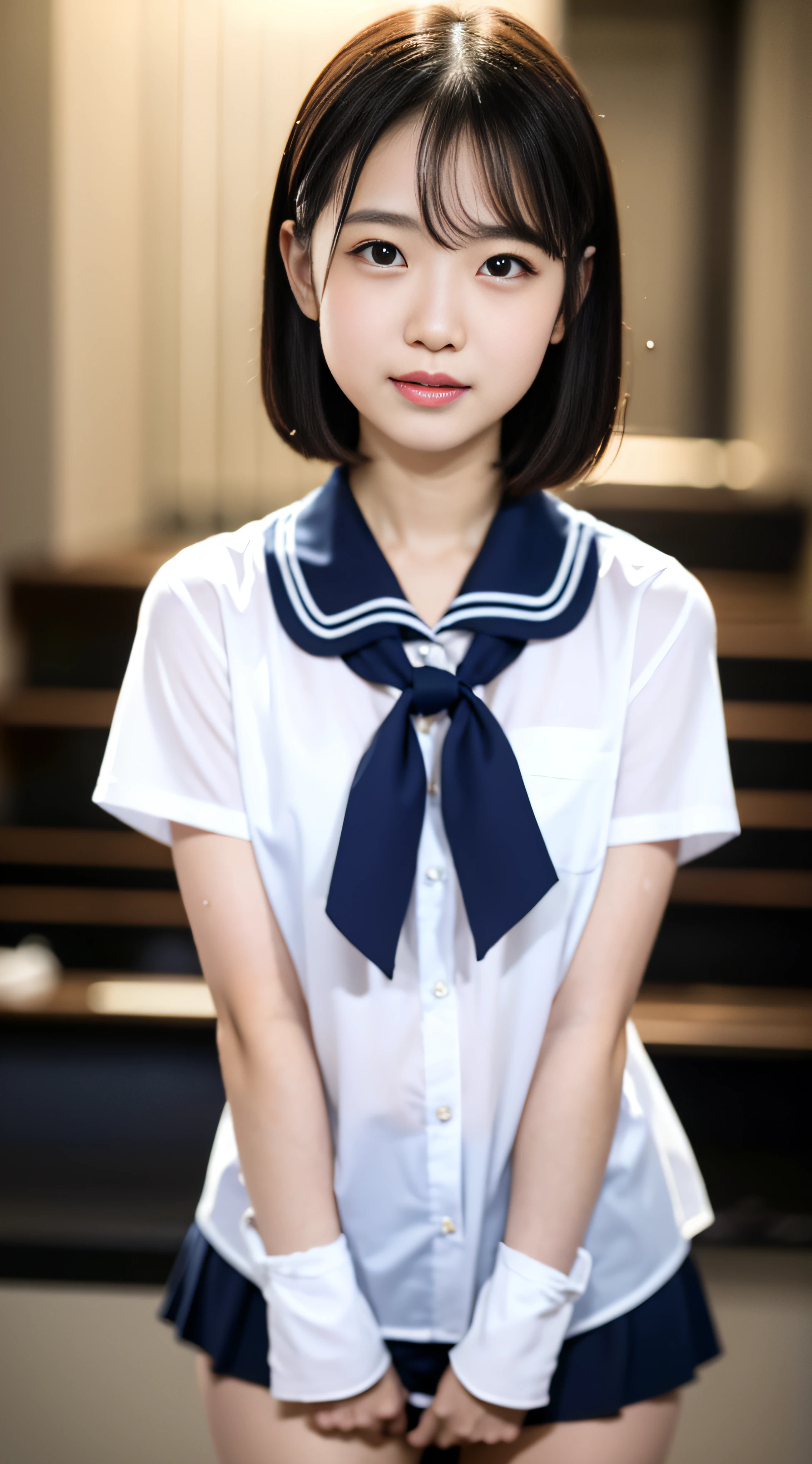 a closeup, masterpiece, top-quality, FULL ANATOMY、Raw foto, Photorealsitic, faces, unbelievable Ridiculous, beautiful a girl, cute little, shorth hair、depth of fields, hight resolution, ultra-detailliert, finely detail, ighly detailed, extremely detailed eye and face, Realistic pupils, foco nítido, Cinematic lighting、large full breasts、small tits、(a large bust:1.2)、a large bust、 (Slimed、Big、Very big)、 a 20 yo woman、Sexual facial expressions、sexy pose、 (White panties are slightly visible.)、 Wet body、Blushing、Sweating、((Very embarrassed look、The face is bright red、troubled look))、short-hair、Straight bob hair、Shorthair with bangs、Schoolgirl Uniform、Panties are visible from the skirt、Very detailed 8k wallpaper、Sheer white shirt、Navy blue ribbon at the collar、Dark blue pleated micro mini、Show me your whole body、Plump panties、White Sox、Lift the hem of the skirt、Lift the hem of the skirt with both hands、Lift the hem of the skirt yourself,、Show your little panties to the camera、is standing、Classroom、depth of fields、Bokeh in the background、((Wear the shirt directly on bare skin、The shirt is wet and see-through))