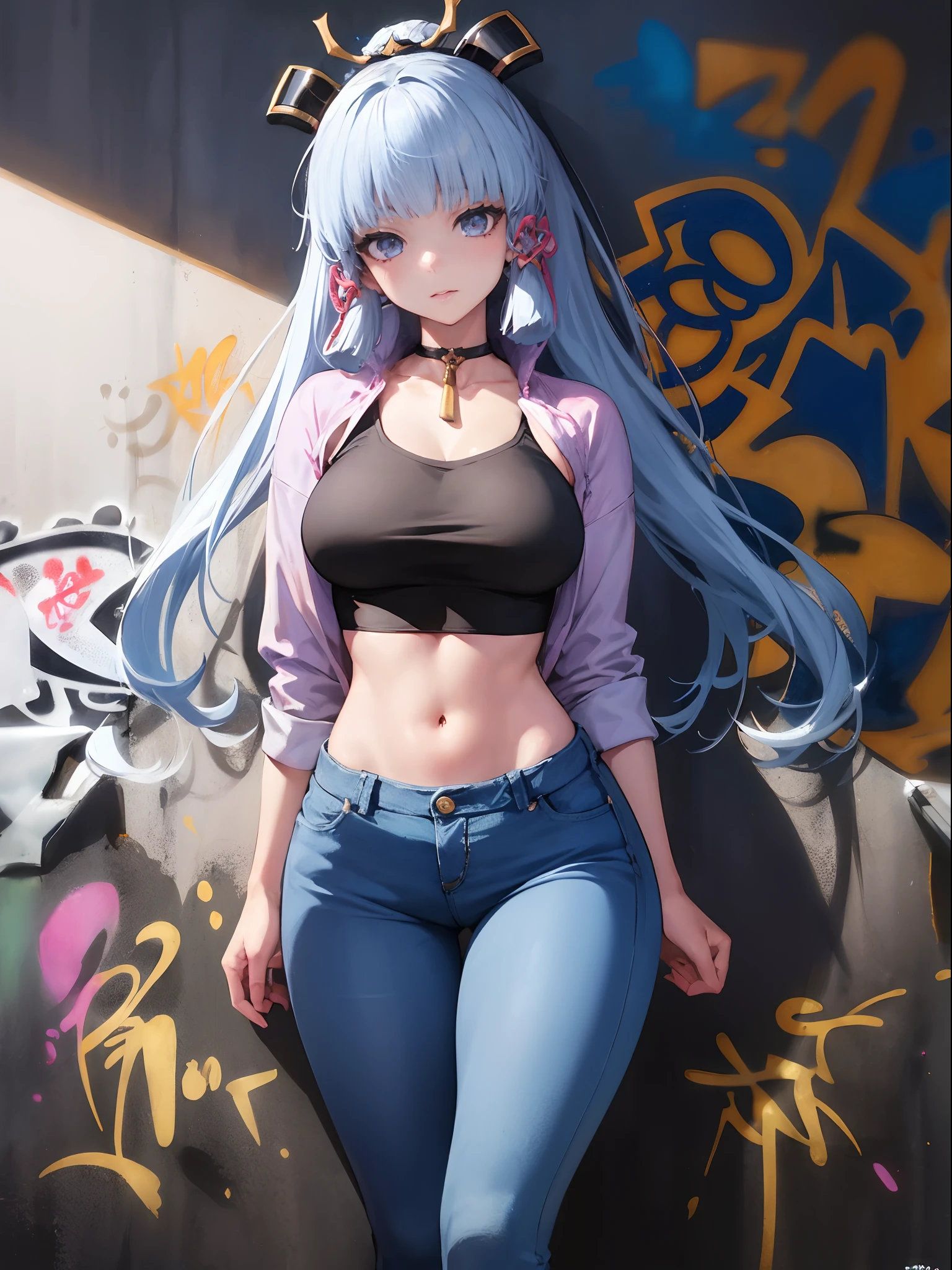 kamisato ayaka|genshin impact, master-piece, bestquality, 1girls,25 years old, proportional body, elongated legs, Beautiful, proportional., crop top, Long Jeans, mediuml breasts, ,bara, crop top, choker, (Graffiti:1.5), Splash with purple lightning pattern., arm behind back, against wall, View viewers from the front., Thigh strap, Head tilt, bored,