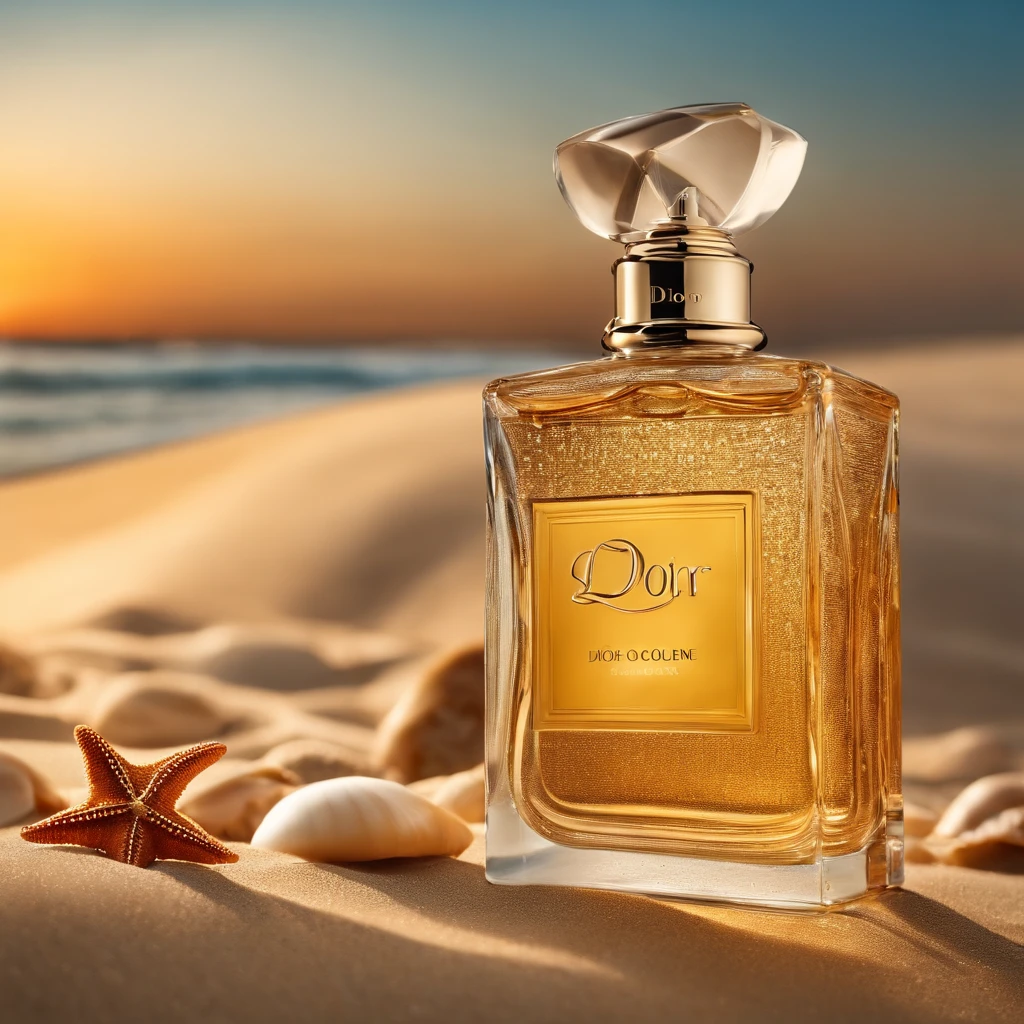Photography of Dior cologne on the beach is some of the cologne inside the sand, The sunset should be clear on the sea, sharp sands, surrounded by some seashells and starfish, high quality in shadows, ultra quality in sands, super details, 8k