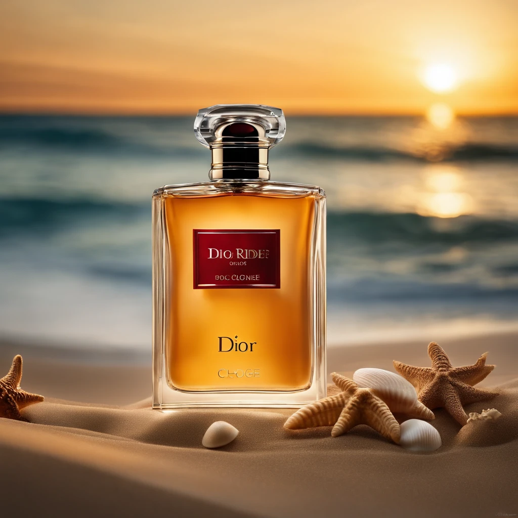 Photography of Dior cologne on the beach is some of the cologne inside the sand, The sunset should be clear on the sea, sharp sands, surrounded by some seashells and starfish, high quality in shadows, ultra quality in sands, super details, 8k
