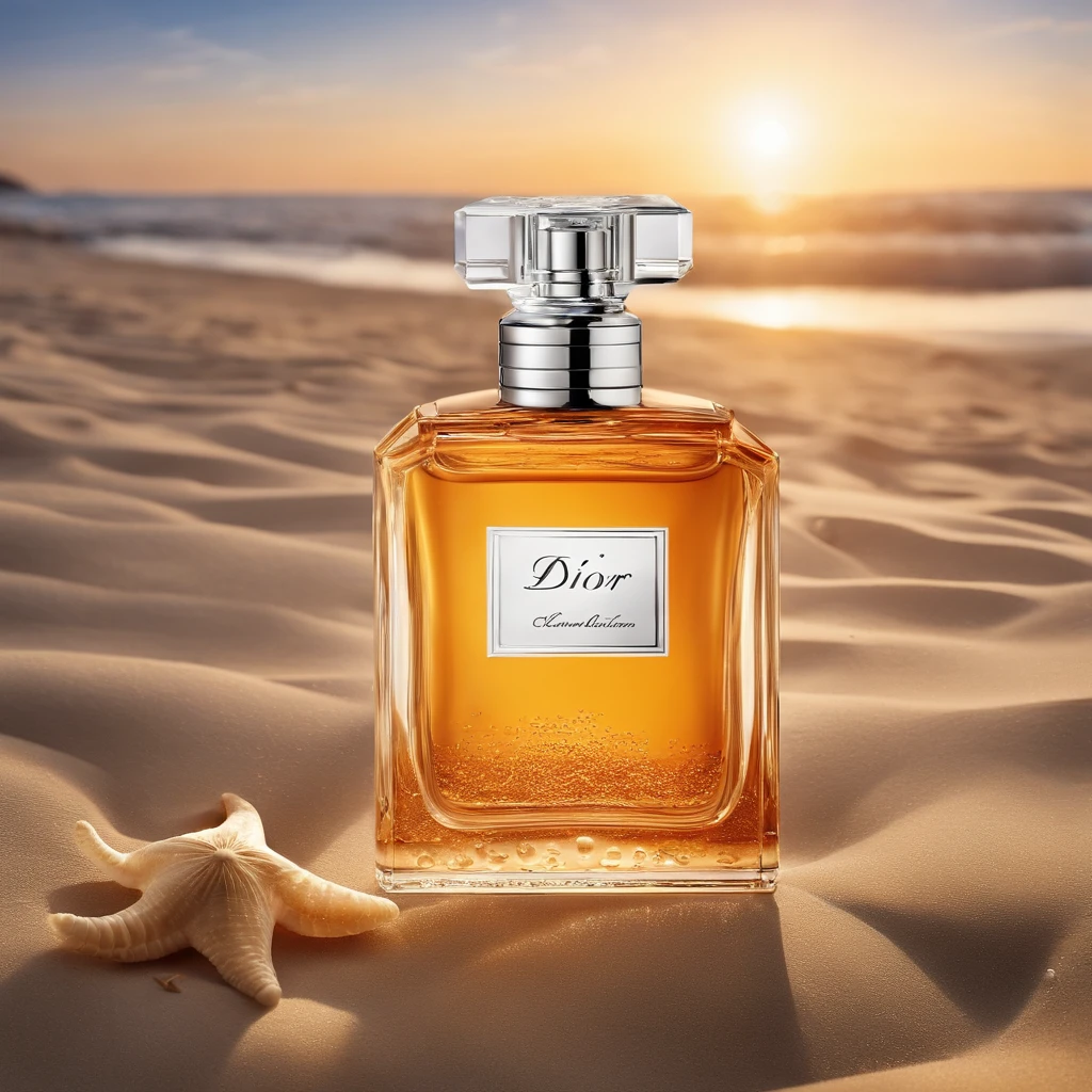 Photography of Dior cologne on the beach is some of the cologne inside the sand, The sunset should be clear on the sea, sharp sands, surrounded by some seashells and starfish, high quality in shadows, ultra quality in sands, super details, 8k