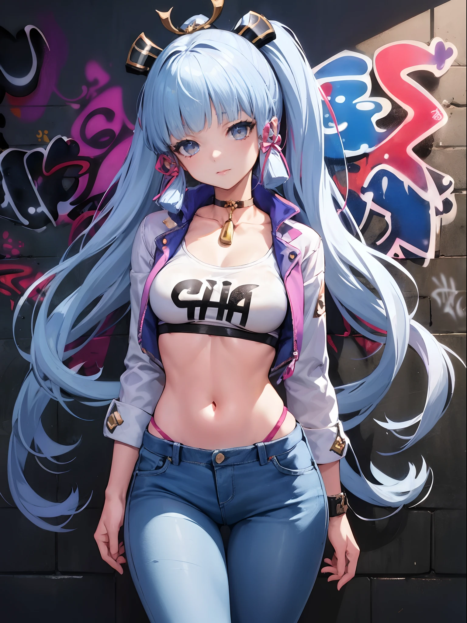 kamisato ayaka|genshin impact, master-piece, bestquality, 1girls,25 years old, proportional body, elongated legs, Beautiful, proportional., crop top, Long Jeans, mediuml breasts, ,bara, crop top, choker, (Graffiti:1.5), Splash with purple lightning pattern., arm behind back, against wall, View viewers from the front., Thigh strap, Head tilt, bored,