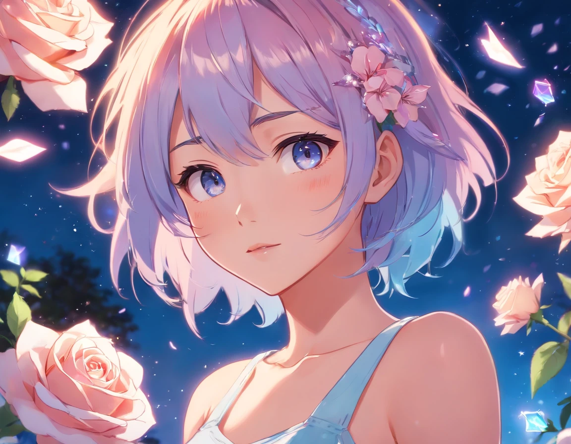 Realistic, Anime style, 1girl in, Holographic Hair, Heterochromic eyes, Glowing eyes, Holocrop Top, Holoscart, Parted lips, blush, Night, white roses, pastels, Glitter
