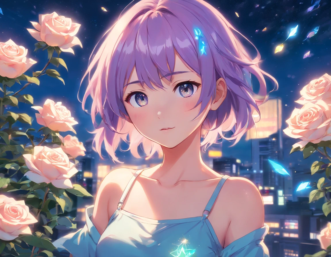 Realistic, Anime style, 1girl in, Holographic Hair, Heterochromic eyes, Glowing eyes, Holocrop Top, Holoscart, Parted lips, blush, Night, white roses, pastels, Glitter