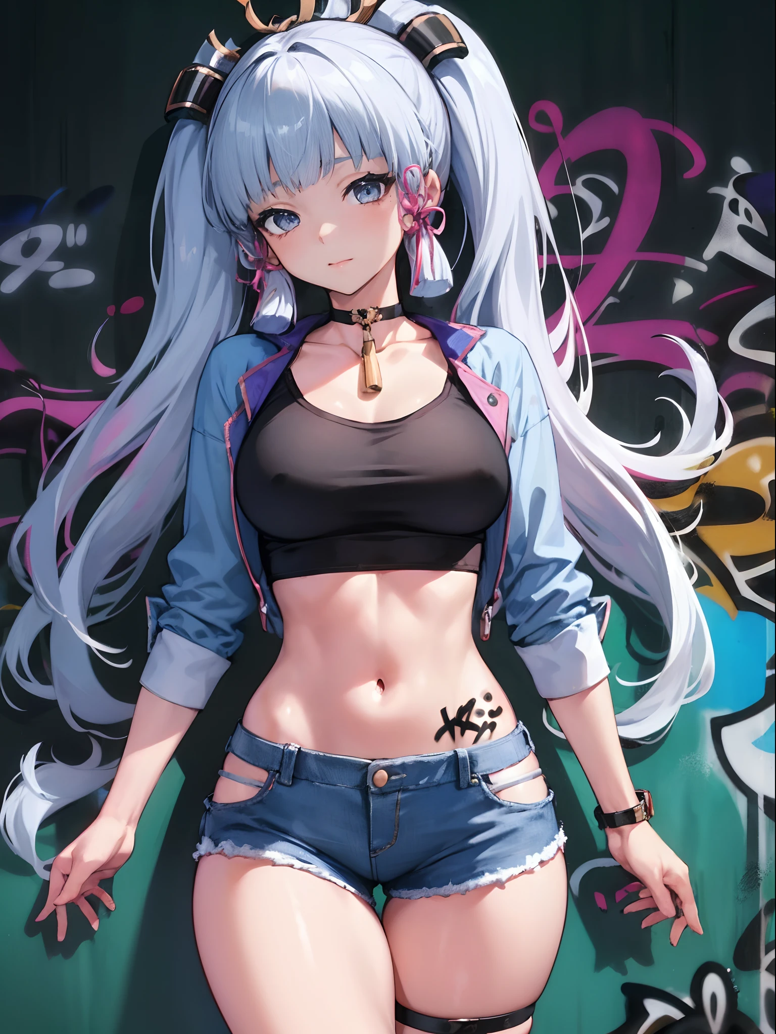 kamisato ayaka|genshin impact, master-piece, bestquality, 1girls,25 years old, proportional body, elongated legs, Beautiful, proportional., crop top, Long Jeans, mediuml breasts, ,bara, crop top, choker, (Graffiti:1.5), Splash with purple lightning pattern., arm behind back, against wall, View viewers from the front., Thigh strap, Head tilt, bored,