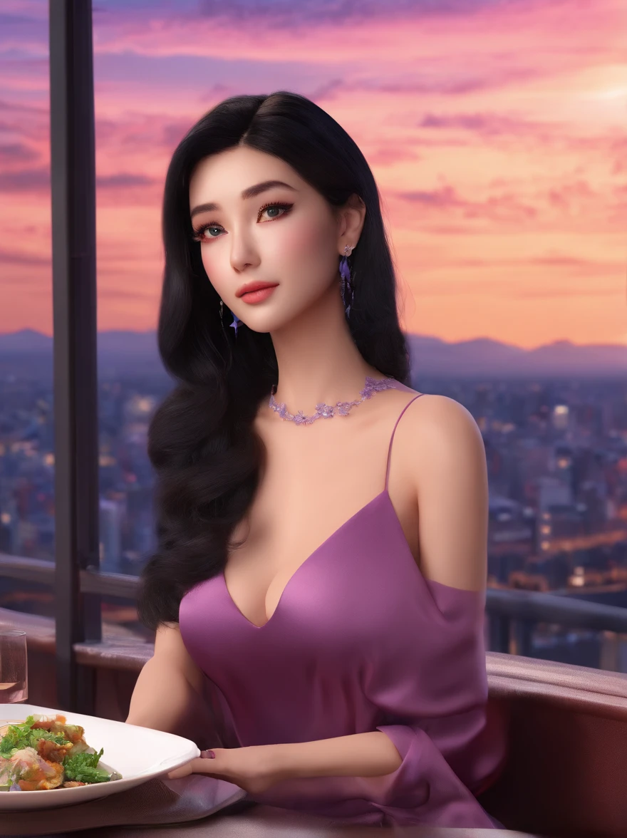 (1 girl, black hair, waist-length hair, tanzanite eyes, small breasts, soft skin), (purple Halter dress, cleavage), (having dinner, sit in chair, restaurant), (window behind, sky view, city skyline, beautiful starry sky),、