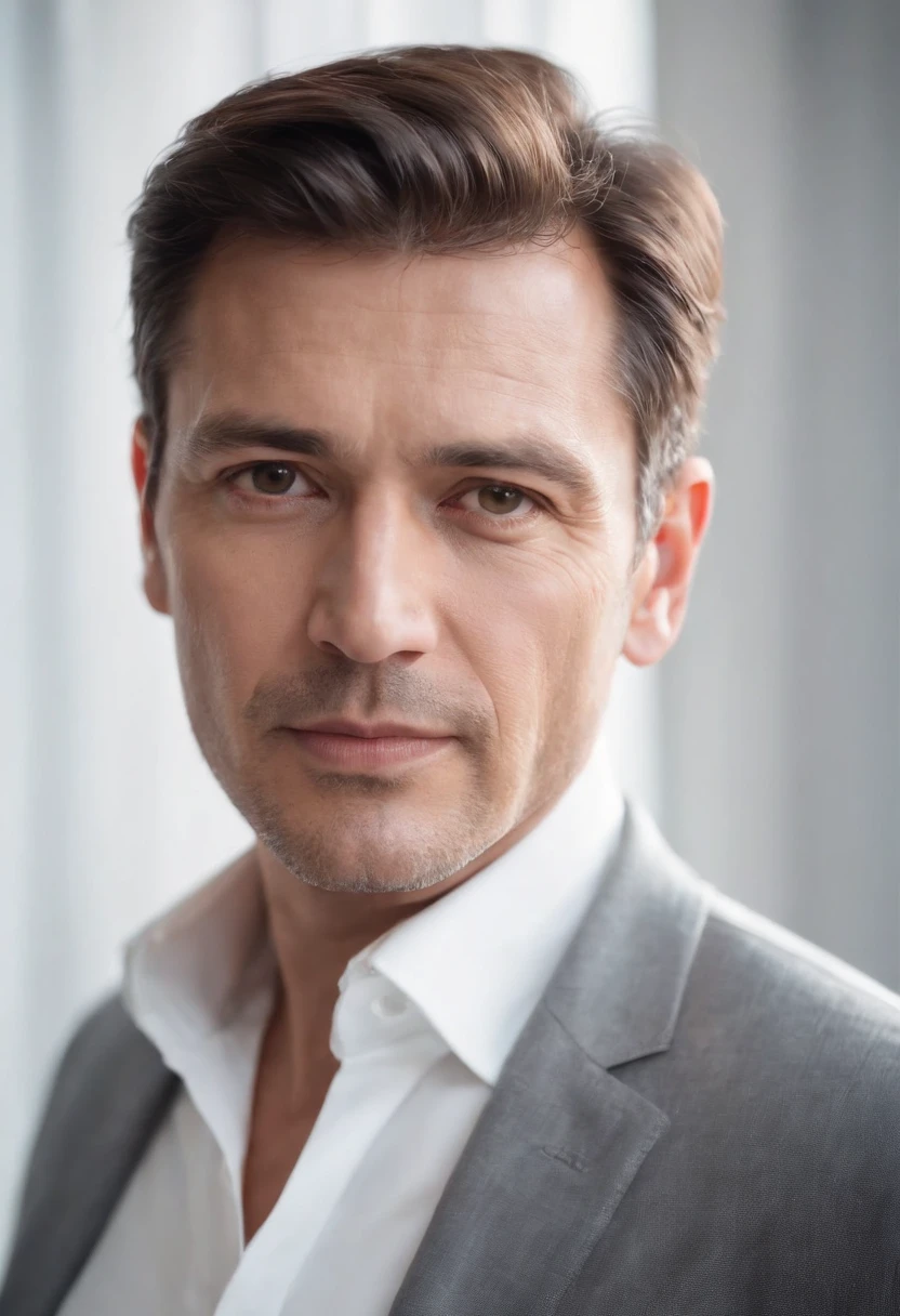 Portrait of handsome man 50 years old round face cinematic appearance、White shirt and jacket with collar