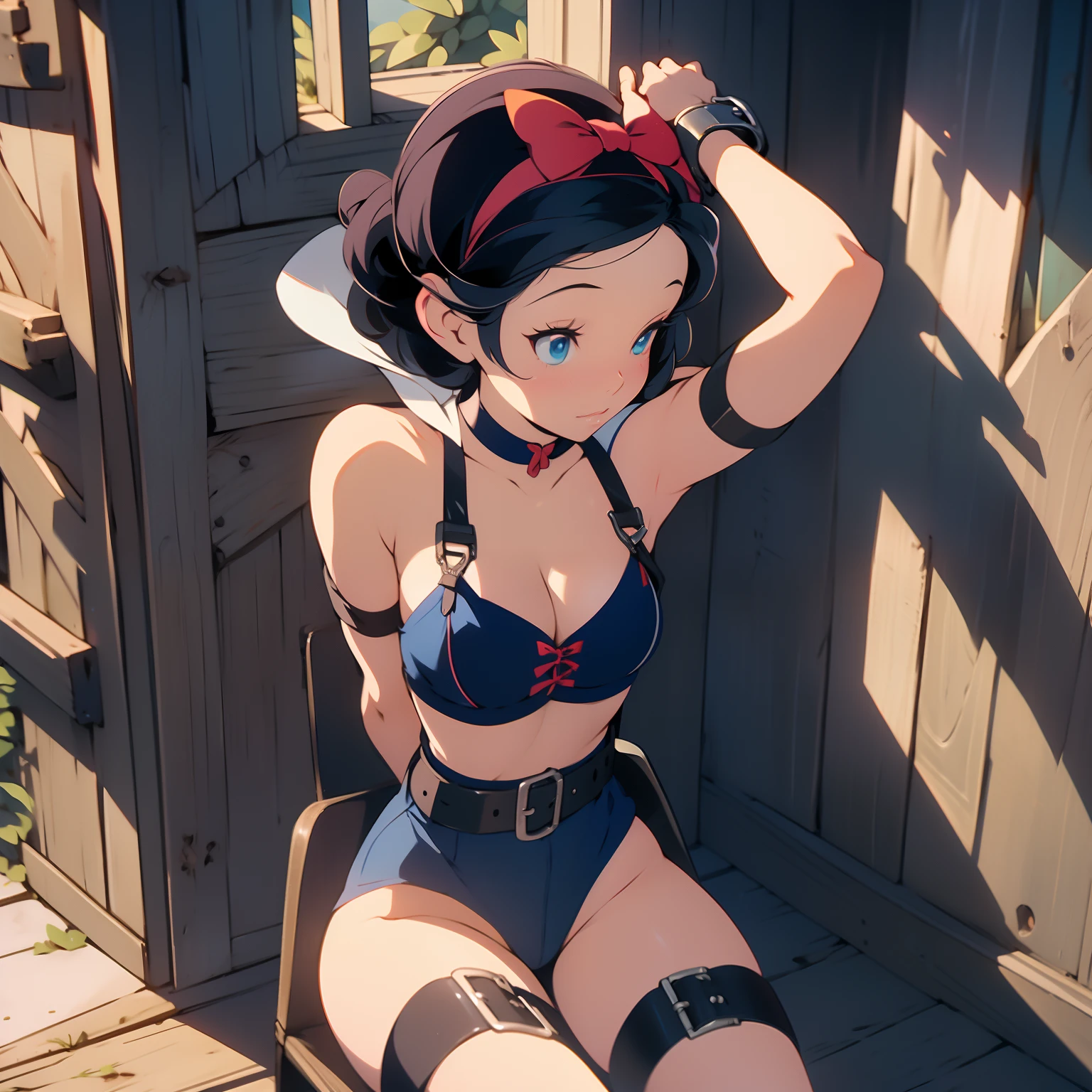 araffe snow white, snow white, modern disney style, cartoon style, red bow, blue eyes, short black hair, sitting on a window sill with a black bra and cuffs, wrapped in leather straps, leather cuffs around wrists, restrained, harnesses and garters, handcuffed, handcuffs, dominant pose, sexy dominant pose, wrists chained to the walls