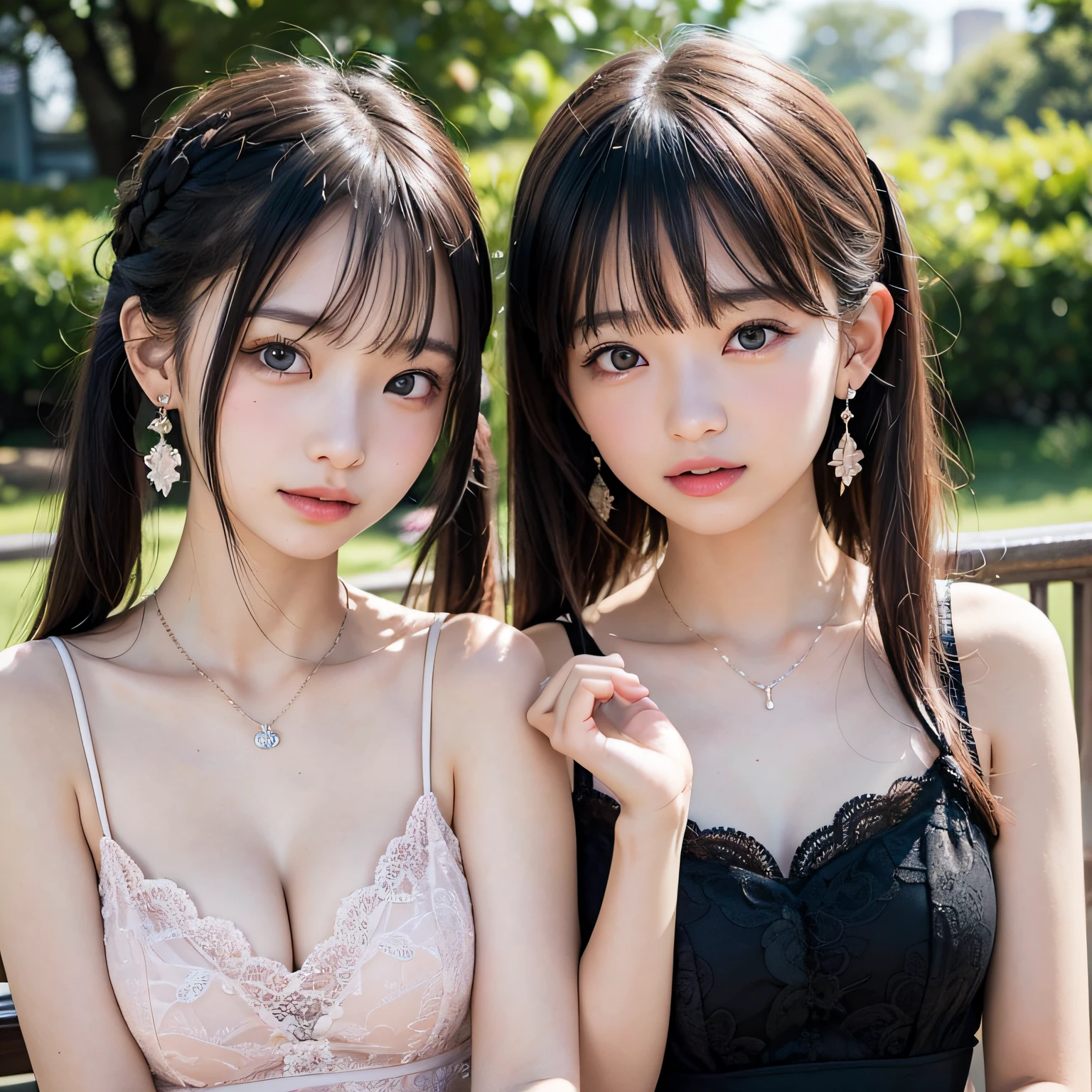 2 girls in、twintails hair style,masutepiece, Best Quality, 8K, , Teen, Raw ph absurderes, award winning portrait, Smile,   Botanical Garden, neons, Idol face, violaceaess, gardeniass, Delicate girl, Upper body, Digital SLR, Looking at Viewer, Candid, Sophisticated, zora々Right, Thin arms, Professional Lighting, Film grain, chromatic abberation, (Eyes and faces with detailed:1.0), (Bokeh:1.1),Luxurious dresses、intricate lace、intricate hair ornament、Complex earrings、Complex necklaces、Beautiful breasts、shawls、pink,