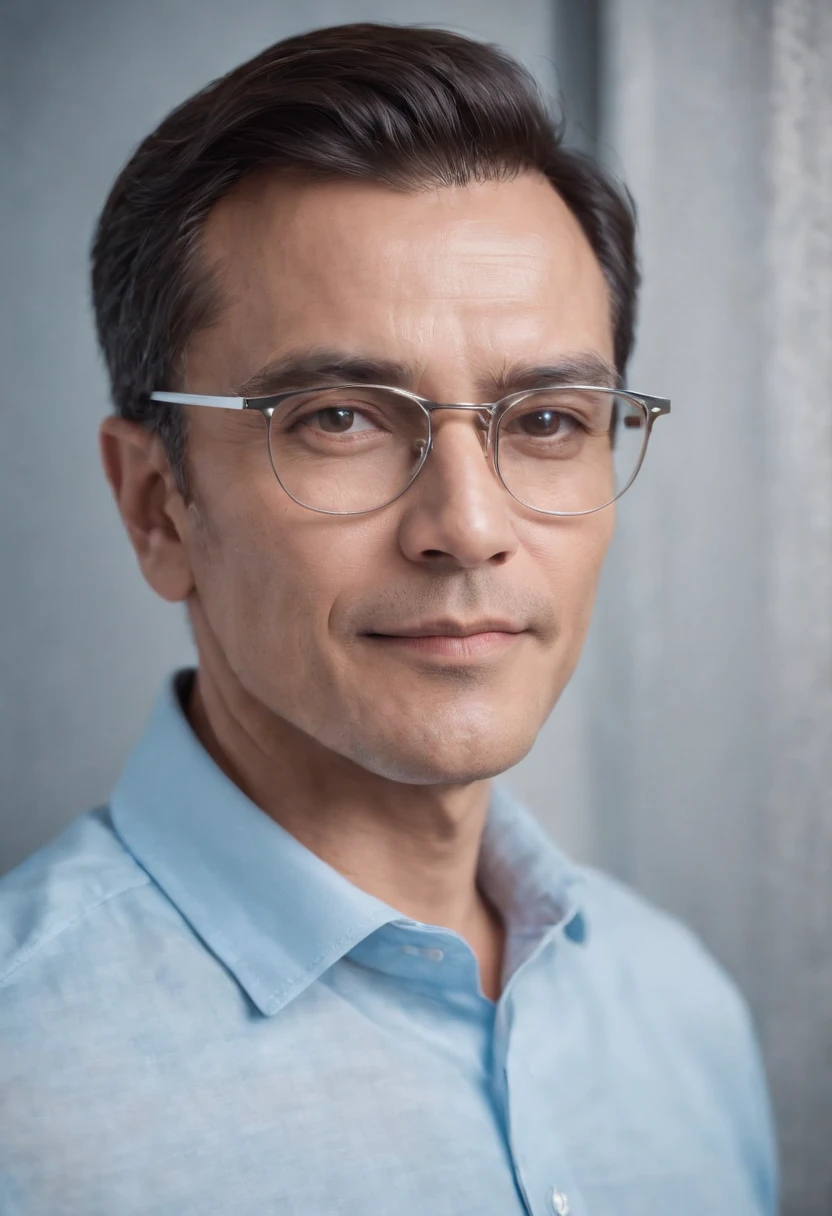 Portrait of handsome man 50 years old round face cinematic appearance、Light blue shirt with collar、Wearing stylish silver-rimmed glasses、Looking at the camera