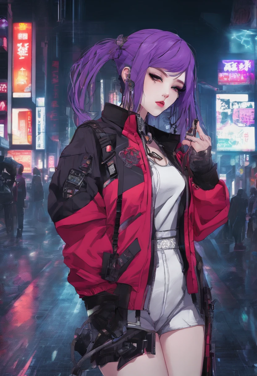 japanaese girl,pale skin,beatiful face(purple hair)red jacket,Tokyo at night, with Cyberpunk style,Japanese streetwear,Tokyo Fashion,In a Cyberpunk 2 jacket 0 7 7,Full-length,attractive pose,Bottom view