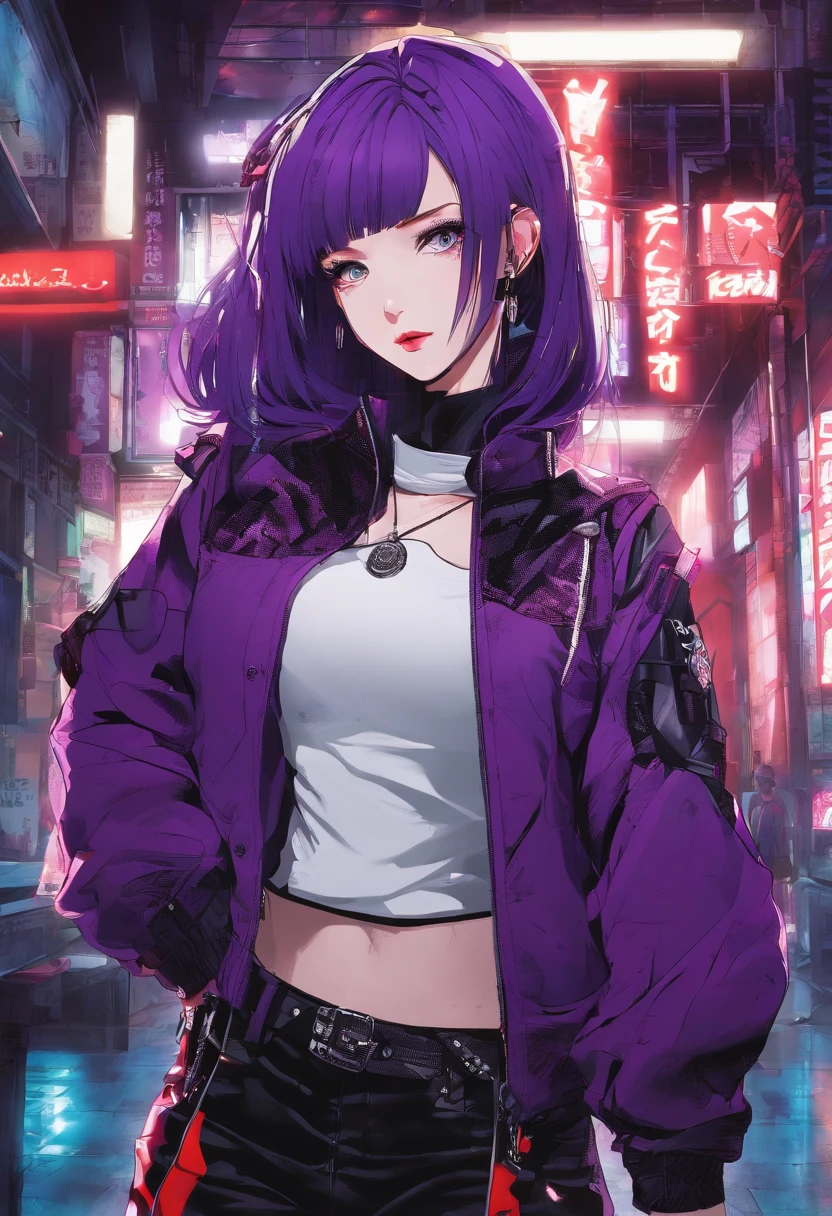 japanaese girl,pale skin,beatiful face(purple hair)red jacket,Tokyo at night, with Cyberpunk style,Japanese streetwear,Tokyo Fashion,In a Cyberpunk 2 jacket 0 7 7,Full-length,attractive pose,Bottom view