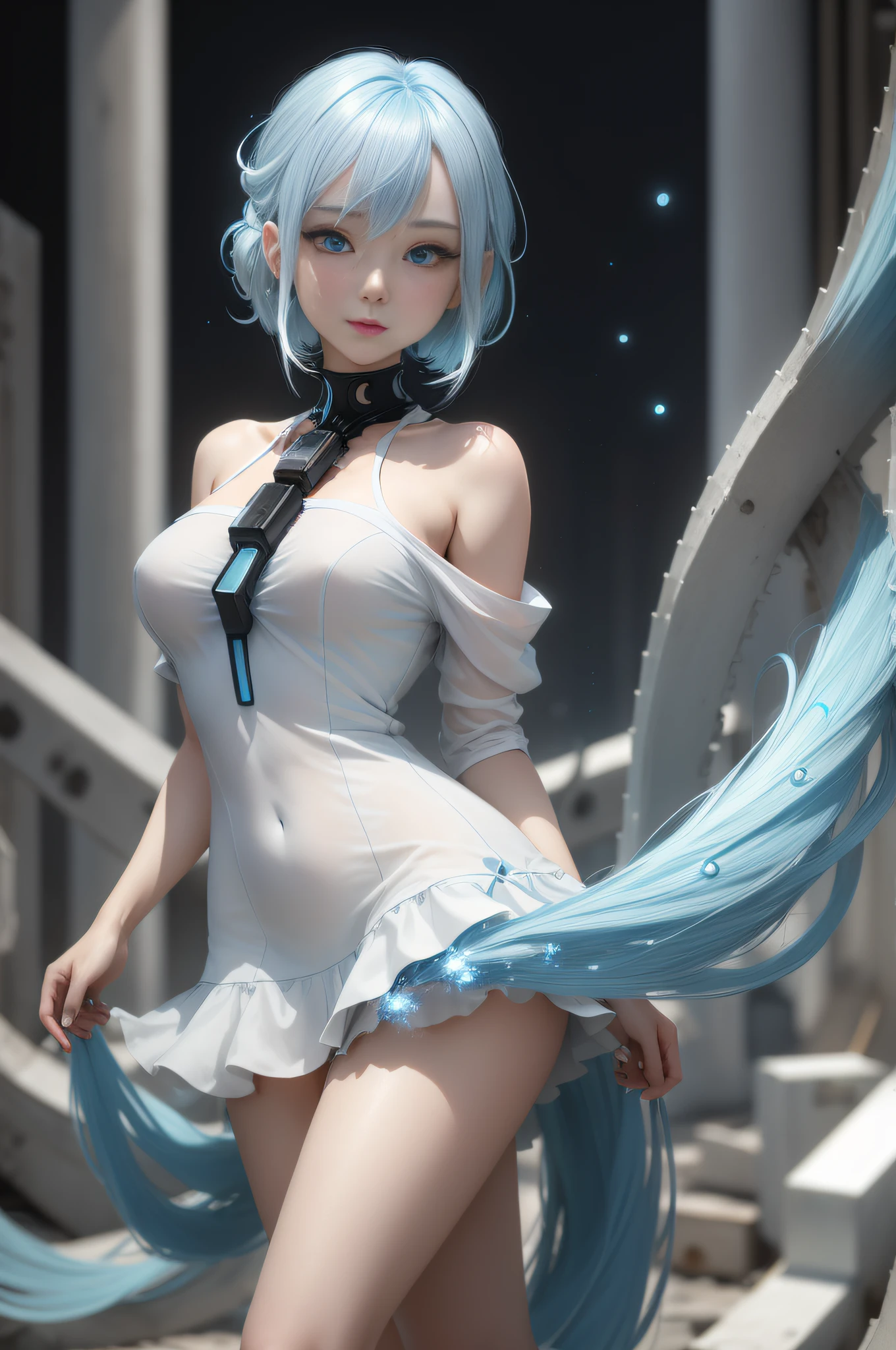 ((masterpiece)), (best quality), (detailed), (1girl), (inner data stream) light blue gradient hair, light blue eyes, straight hair, wearing a modern white shirt and black dress, covered by data particles, locked around the neck