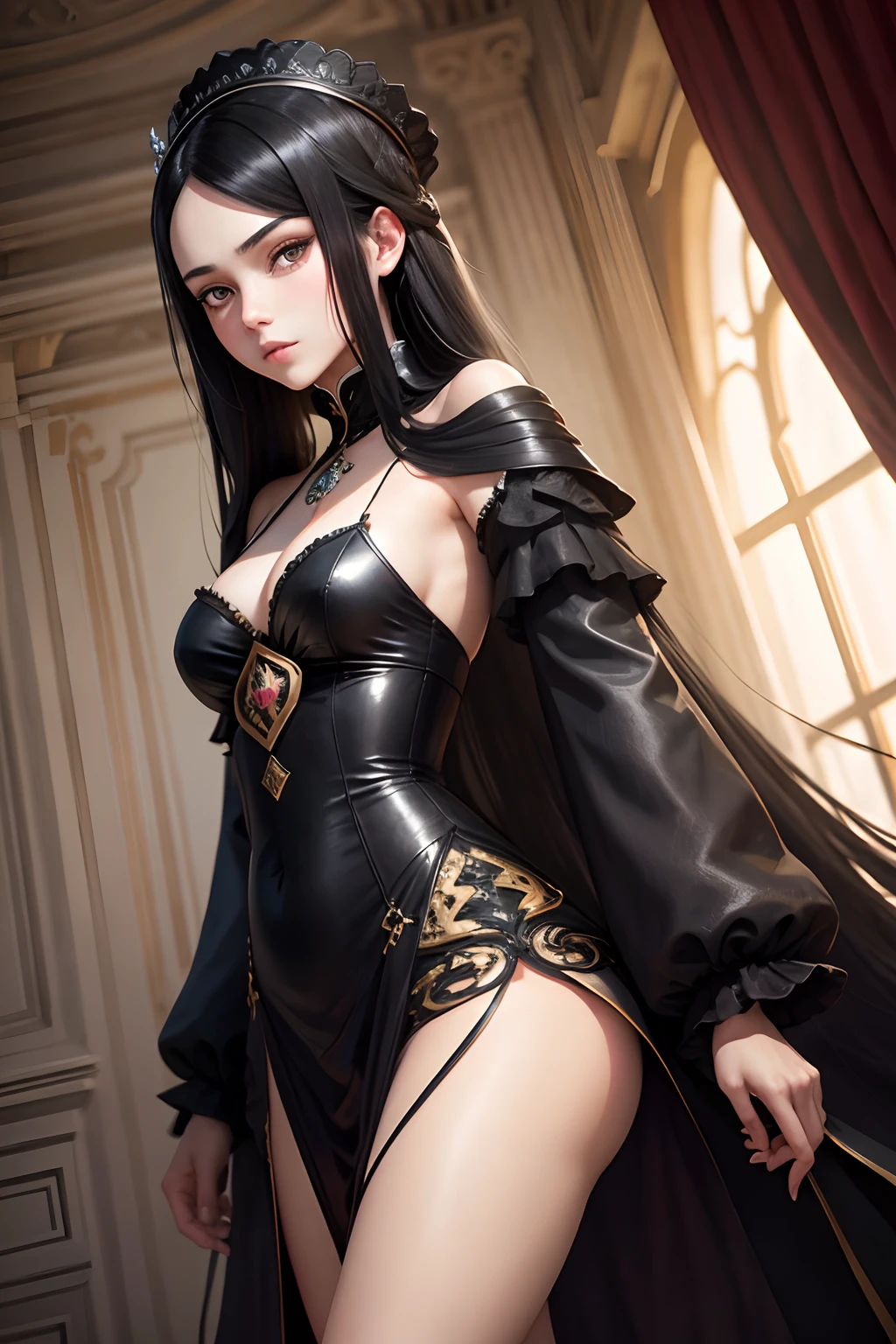 Royal sister with long black hair and eyes