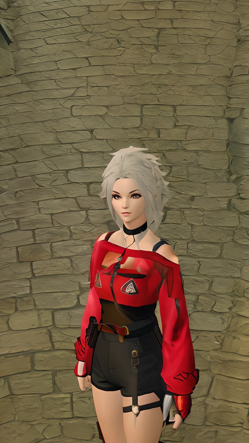 there is a 3d image of a woman in a red top and black shorts, red uniform, female character, lineage 2 revolution style, ingame image, in game, crimson clothes, close up character, girl with short white hair, girl with white hair, upper body avatar, wearing imperial gear, in - game, in-game, scarlet emerald