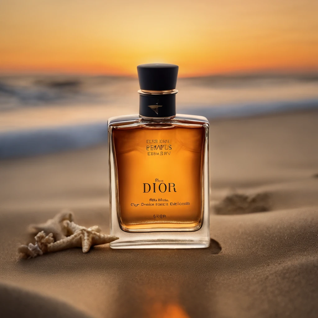 Photography of Dior cologne on the beach is some of the cologne inside the sand, The sunset should be clear on the sea, sharp sands, surrounded by some seashells and starfish, high quality in shadows, ultra quality in sands, super details, 8k