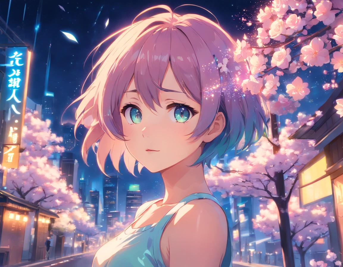 Anime style, 1girl in, Holographic Hair, Heterochromic eyes, Glowing eyes, Holocrop Top, Holoscart, Parted lips, blush, Night, white roses, pastels, Glitter
