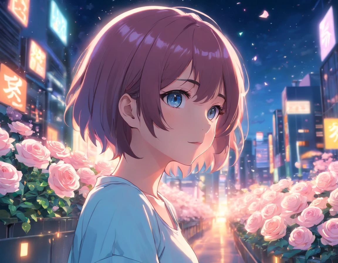 Anime style, 1girl in, Holographic Hair, Heterochromic eyes, Glowing eyes, Holocrop Top, Holoscart, Parted lips, blush, Night, white roses, pastels, Glitter
