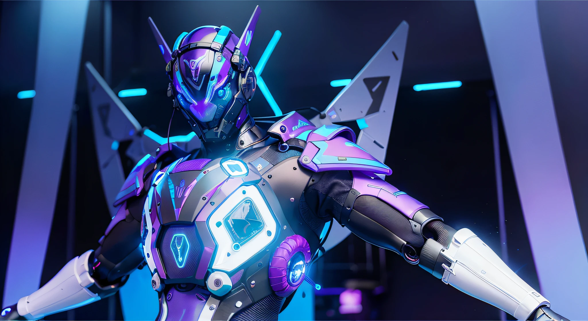 MALE. MAN. MAN. MALE..wings leds, divine paradise. neon blue and Purple butterfly wings leds. heavenly illumination. God. Holy robotic. levitating. Position of god. Deitado na cama. strong, robust and masculine body. fat arms. Position of divinity. Floating. divine statue, pedestal, holy pedestal. levitating. masterpiece, best quality, a close up of a futuristic looking cyborg man with a fantastic cyber helmet head with blue and Purple triangle led lights and a halo, full body, dancing. dance. synthwave ballad. silver pants. wearing a blue and Purple techwear jacket, white church in background. jump, full body, robotic legs. divine statue, pedestal, holy pedestal. neon blue and Purple butterfly wings leds. MASCULINE. MALE