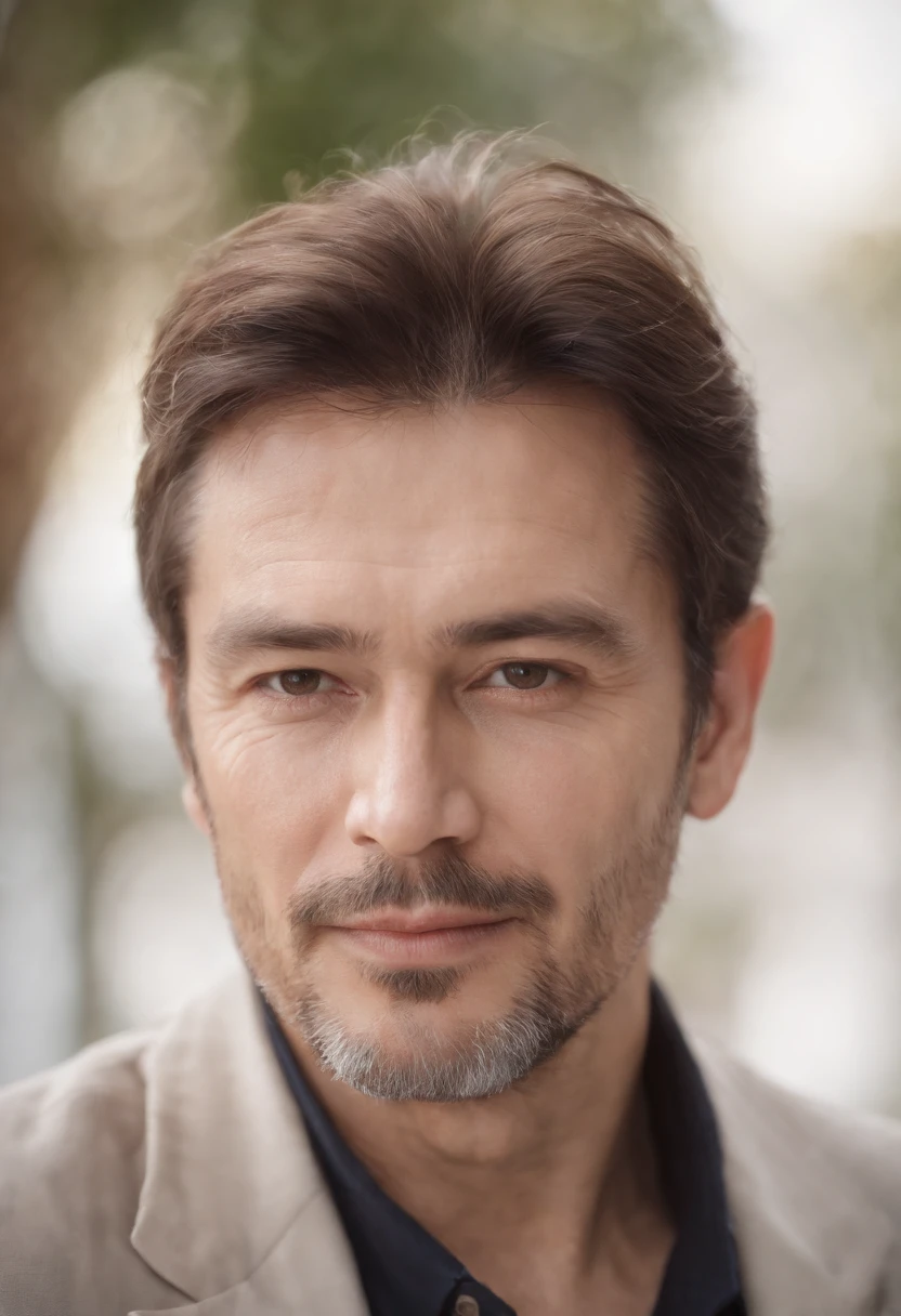 50 year old boy, White shirt,silky light untidy hair, light beard, looking in camera, Half body,Straight Posing, Perfect Lighting, deepshadow, Best Quality, masutepiece, 超A high resolution, Photorealistic、(Looking at the camera:1.4)