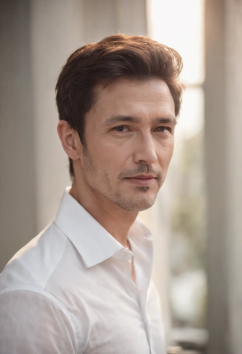 50 year old boy, White shirt,silky light untidy hair, light beard, looking in camera, Half body,Straight Posing, Perfect Lighting, deepshadow, Best Quality, masutepiece, 超A high resolution, Photorealistic、(Looking at the camera:1.4)