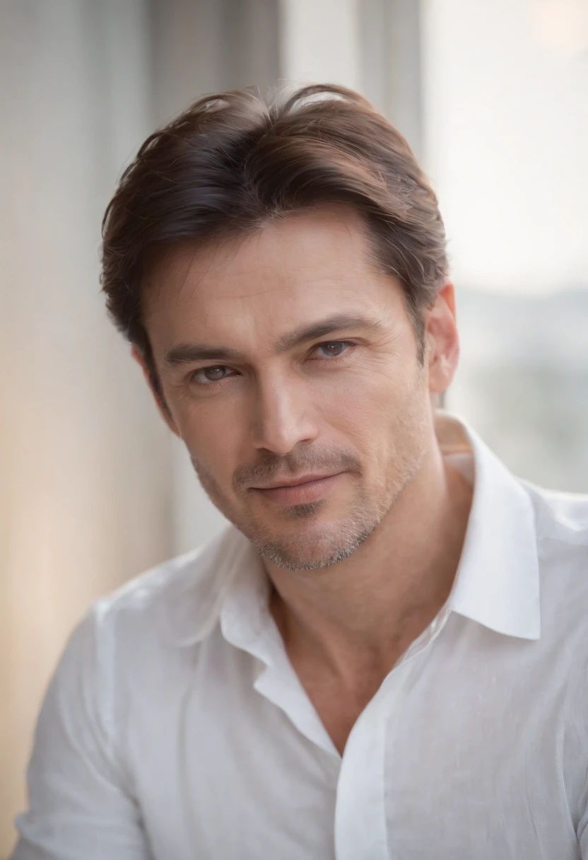 50 year old boy, White shirt,silky light untidy hair, light beard, looking in camera, Half body,Straight Posing, Perfect Lighting, deepshadow, Best Quality, masutepiece, 超A high resolution, Photorealistic、(Looking at the camera:1.4)