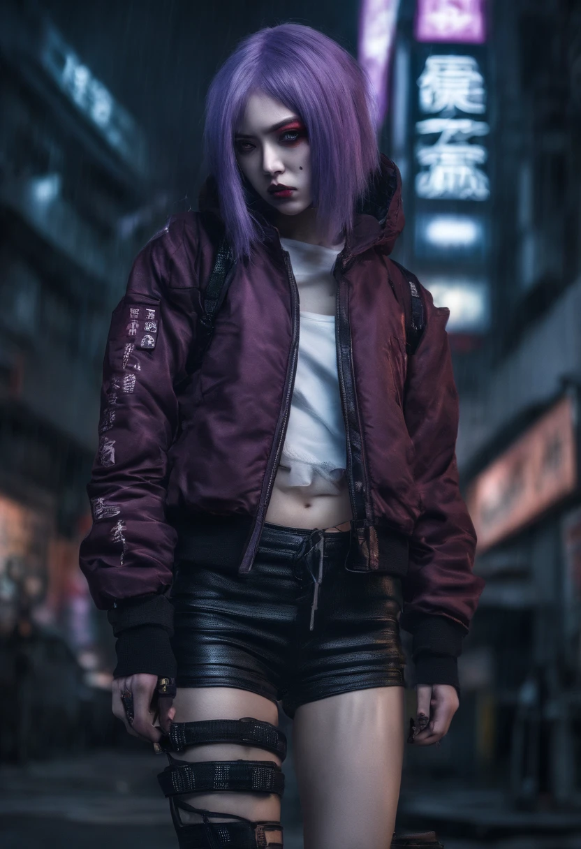 japanaese girl,pale skin,beatiful face(purple hair)red jacket,Tokyo at night, with Cyberpunk style,Japanese streetwear,Tokyo Fashion,In a Cyberpunk 2 jacket 0 7 7,Full-length,attractive pose,Bottom view