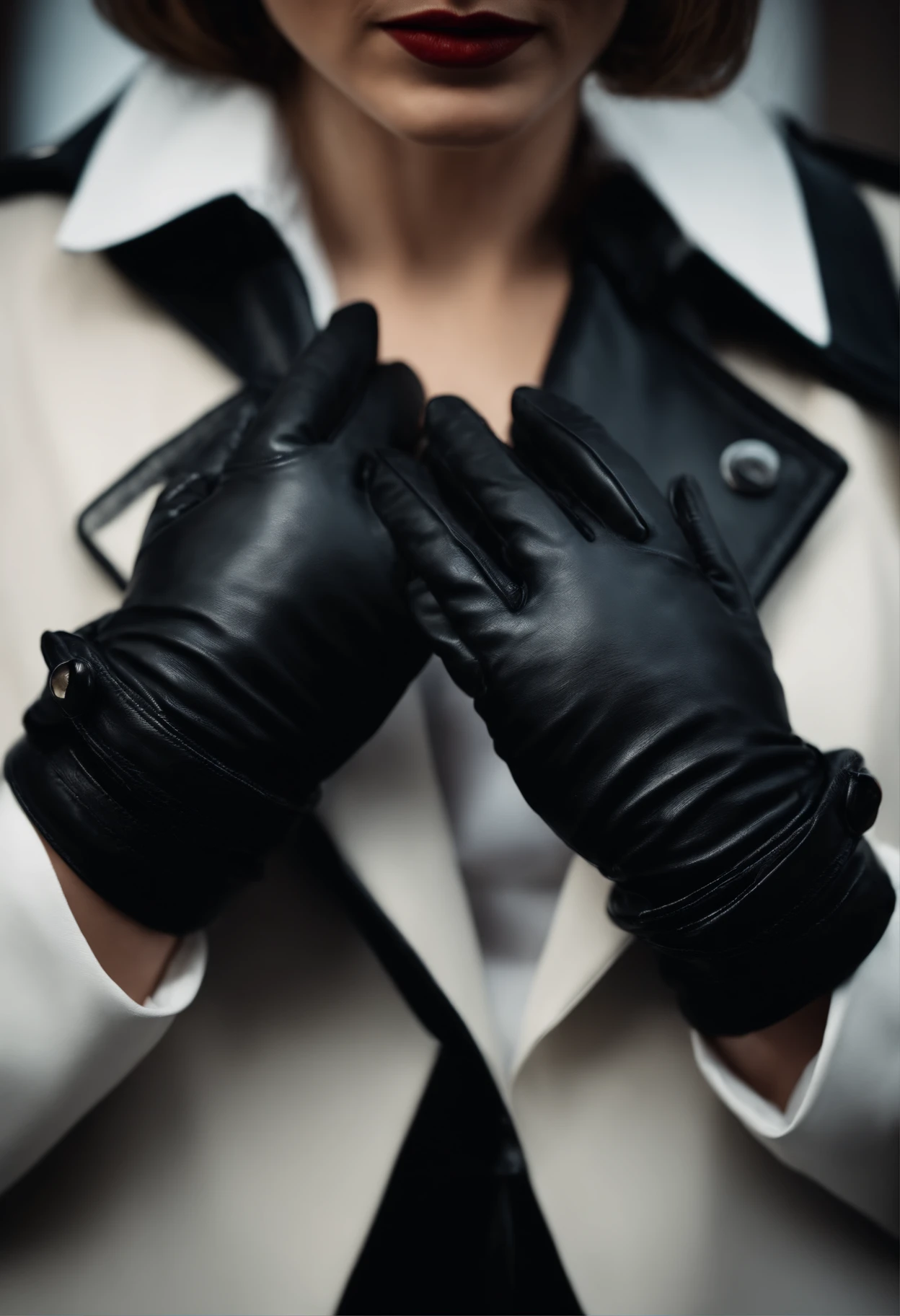 Women's hands with black leather gloves on both hands, white blouse sleeves, close-up black leather gloves hands, spread the photo