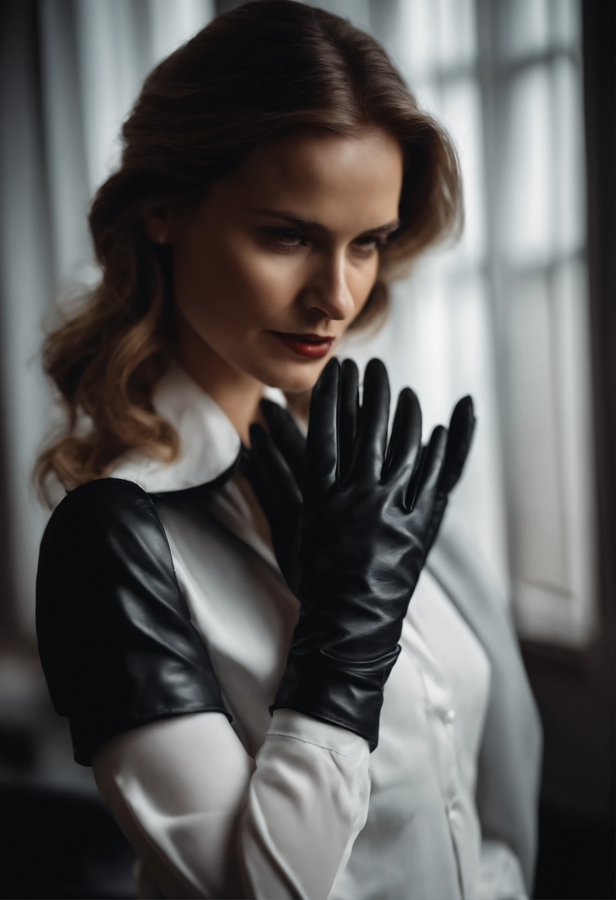 Women's hands with black leather gloves on both hands, white blouse sleeves, close-up black leather gloves hands, spread the photo