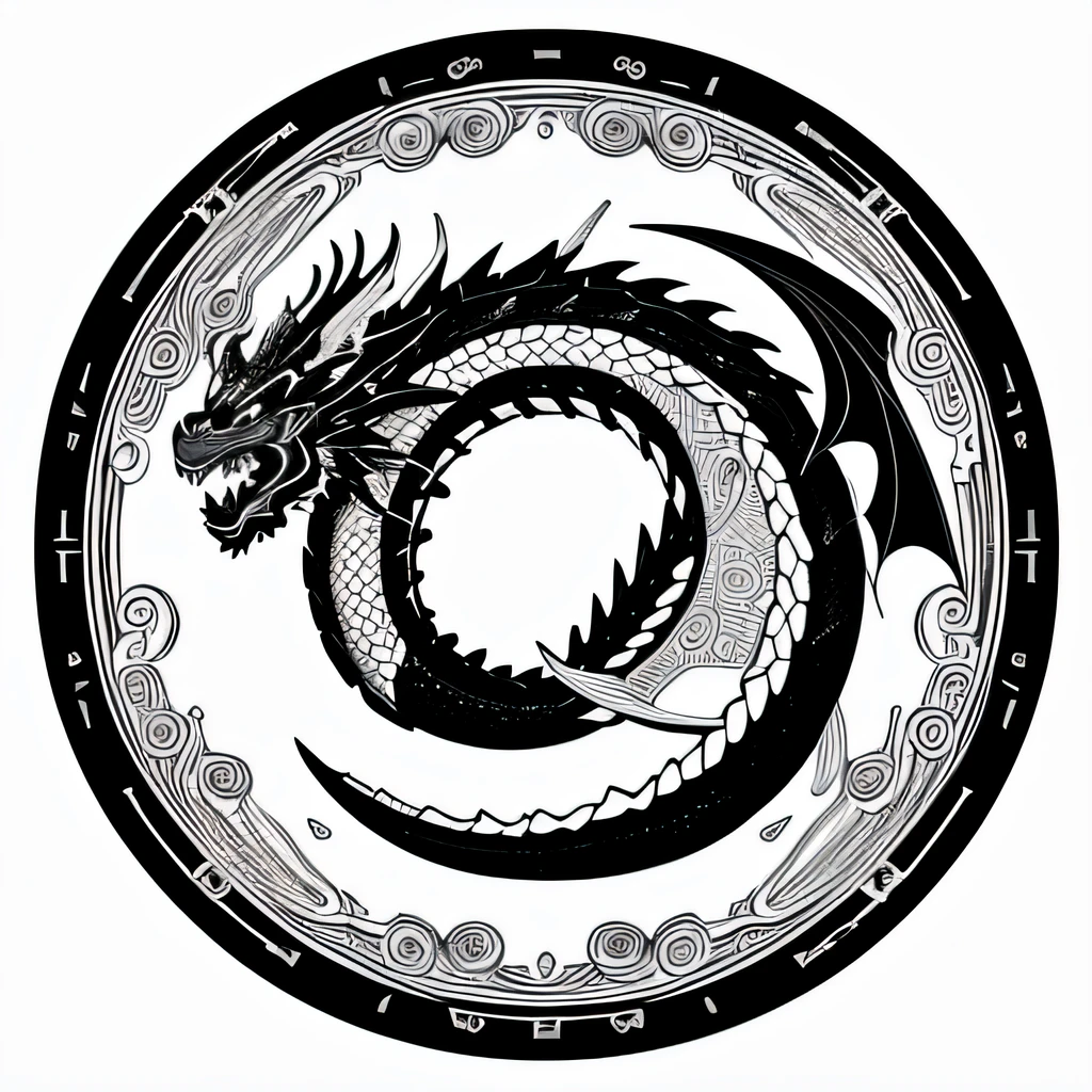 Chinese Dragon Center Potriite, Frontal Face、Black and white, Chinese style、((Flying dragon face in a circular motion))、 (Best Quality) ,Monotonous line art, Coloring book illustration style, simple line art, very detailed illustration, Perfect composition, Beautiful and stunning shades are clearly drawn, Black and white details, (Dragon Character)