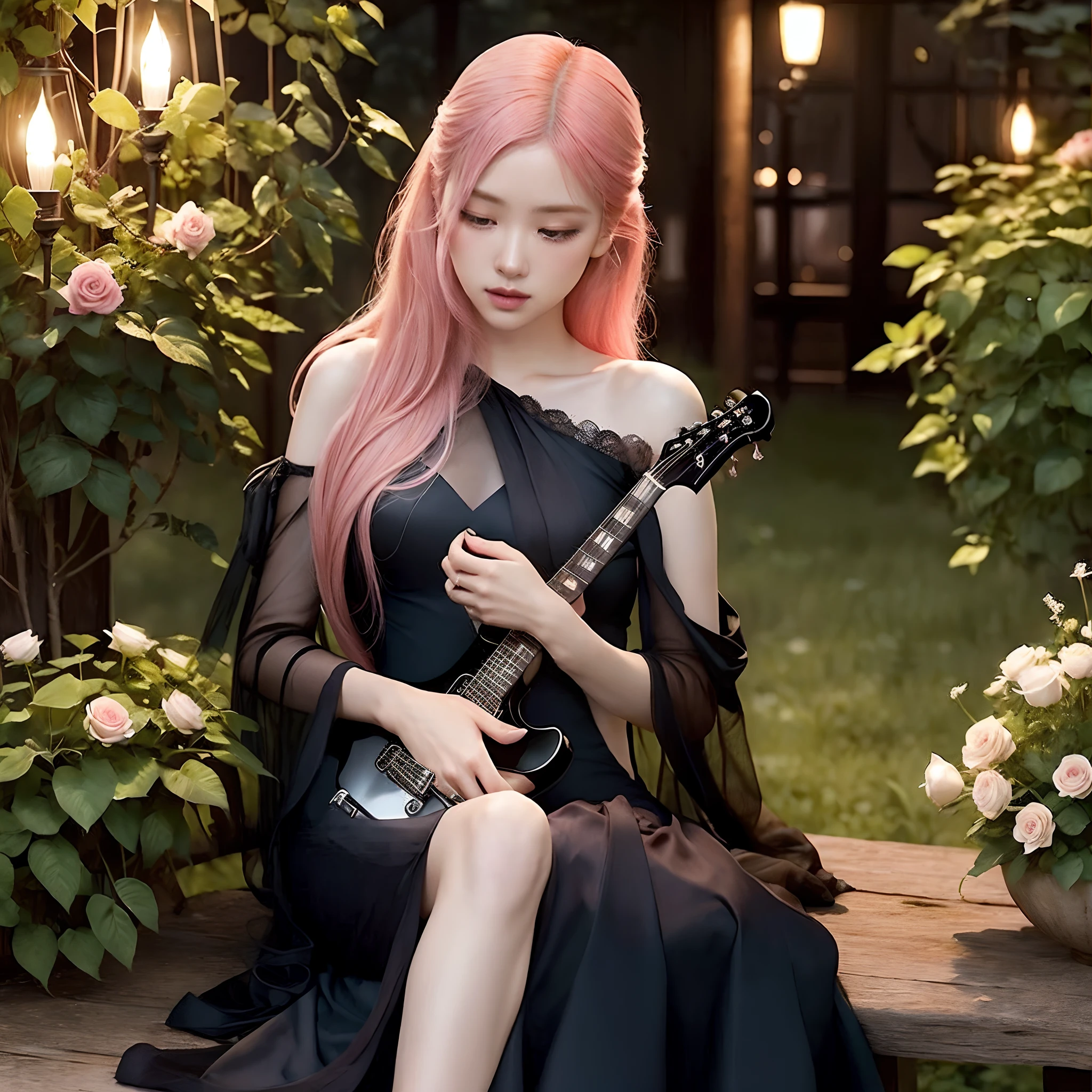 In the moonlit pink roses garden, a girl in a flowing black dress strums a guitar gently and pink hair. Her beautiful detailed eyes capture the ethereal glow, while her exquisite lips hum along with the rhythm. Surrounding her, vibrant flowers bloom in an array of colors, adding a touch of serenity to the scene. Soft moonlight cascades down, casting a dreamy glow on every detail. The girl's black dress shimmers with a satin-like texture, elegantly draping her slender figure. Every stitch and fold is meticulously crafted, exuding an air of sophistication and grace. Her fingers dance effortlessly on the strings, creating a melodic symphony that echoes through the night, pink roses rustling in harmony with the music. Adding a touch of whimsy to the setting. Sparkling fireflies flit around, leaving trails of light that enhance the enchanting atmosphere. The image exudes the best quality, with a level of detail that is truly mesmerizing. The colors are vivid and vibrant, accentuating the natural beauty of the surroundings. The scene is captured with a photorealistic style, where every brushstroke and texture is rendered with utmost precision. The soft, warm color tones enhance the dreamlike ambiance, enveloping the viewer in a sense of tranquility and wonder. The girl's face is illuminated by gentle studio lighting, emphasizing the delicate features that make her truly captivating. From her expressive eyes to her flowing pink hair, every aspect is rendered with ultra-fine painting, resulting in an incredibly lifelike portrayal. The combination of artistic craftsmanship and technical expertise creates a masterpiece that captures the essence of beauty and harmony. The overall scene exudes an aura of romanticism, blending elements of nature and music seamlessly. The play of light and shadow adds depth to the image, enhancing the overall visual imp Wait